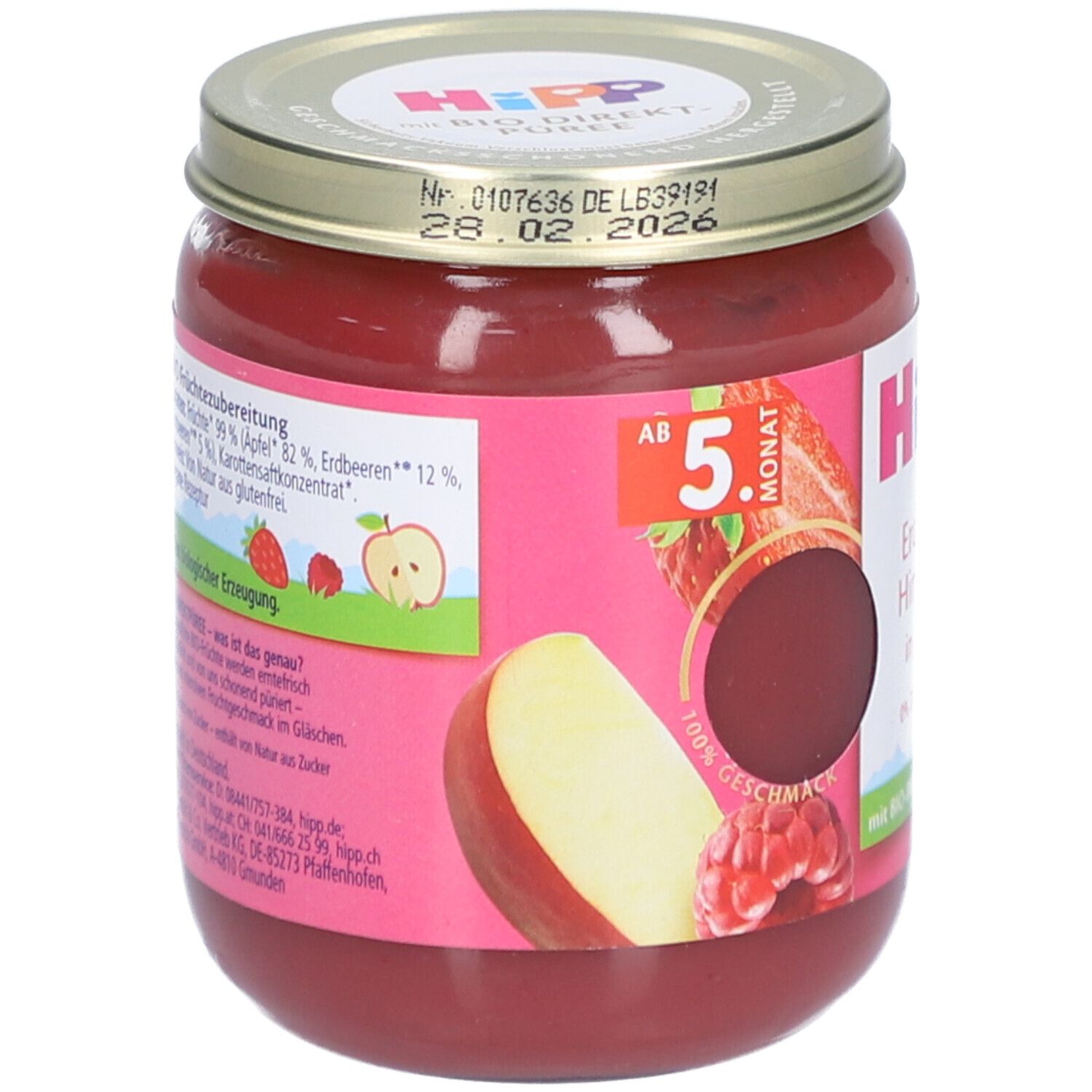 Glas mit rotem Inhalt. Etikett mit Logo, Produktname, Erdbeere, Himbeere, Apfel. Zutatenliste, Bio-Siegel.