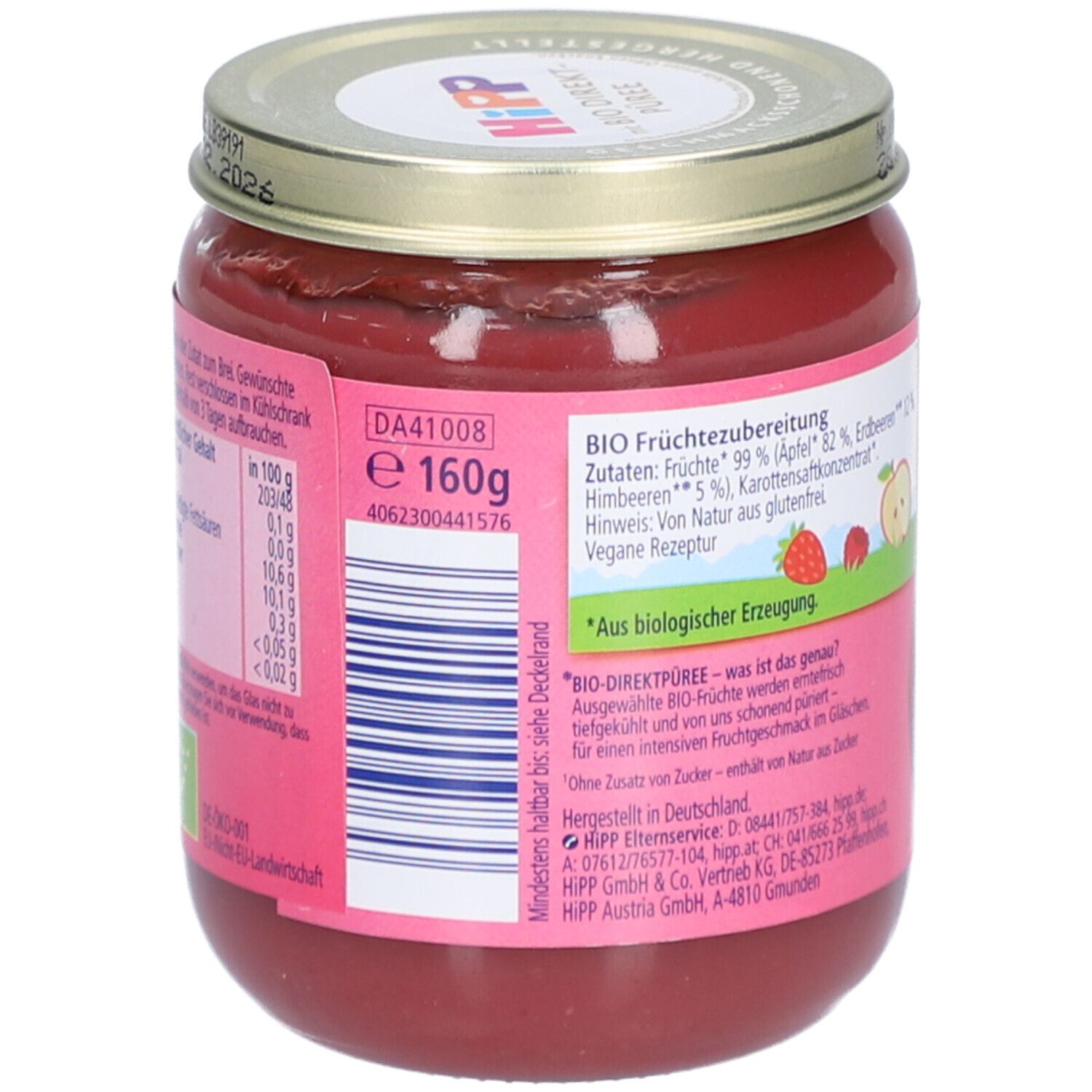 Glas mit rotem Inhalt. Rückseite mit Nährwertangaben, Zutatenliste, Bio-Siegel. 160g.