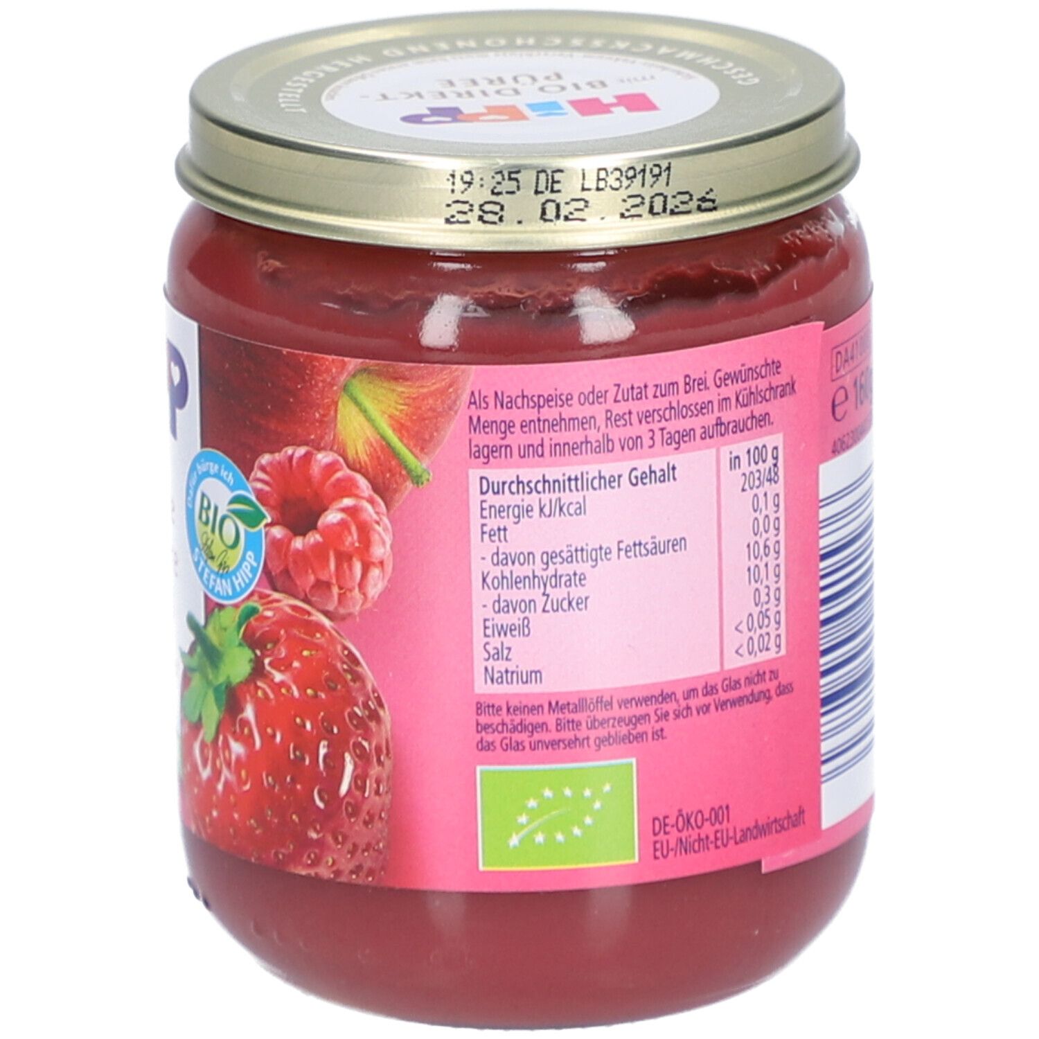 Glas mit rotem Inhalt. Rückseite mit Nährwertangaben, Zutatenliste, Bio-Siegel. DE-ÖKO-001.