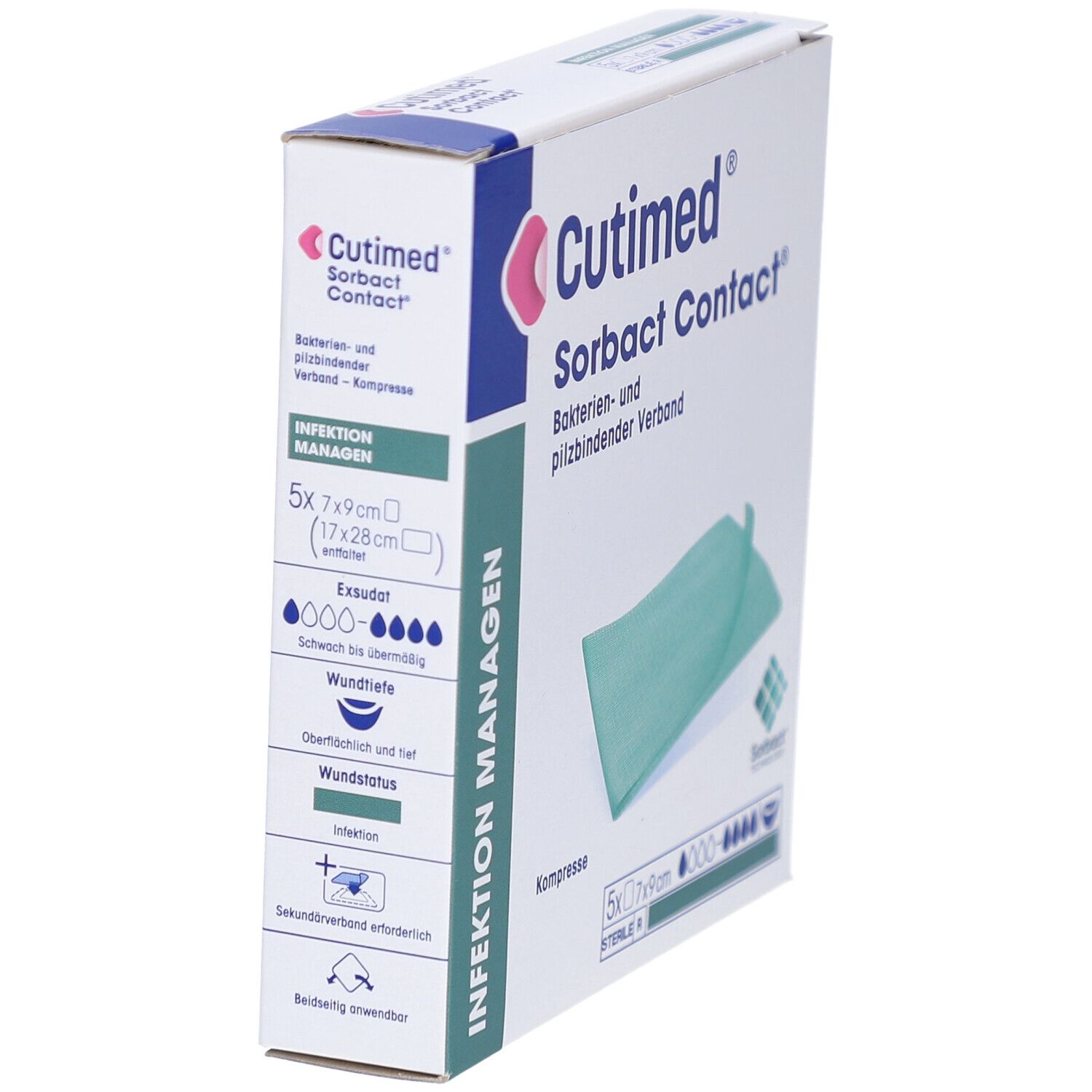 Schräg stehende Verpackung von Cutimed Sorbact Contact. Aufdruck: 5x7x9cm. Grüne Kompresse sichtbar. Text: Infektion managen.