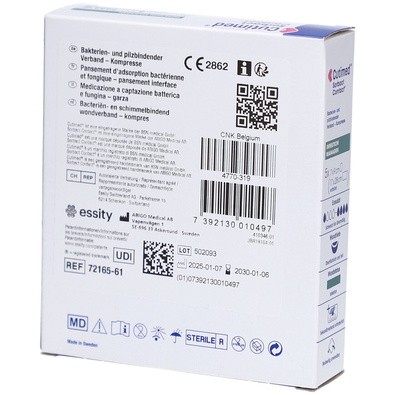 Rückseite der Verpackung von Cutimed Sorbact Contact. Text in mehreren Sprachen. Barcode und CE-Kennzeichnung.
