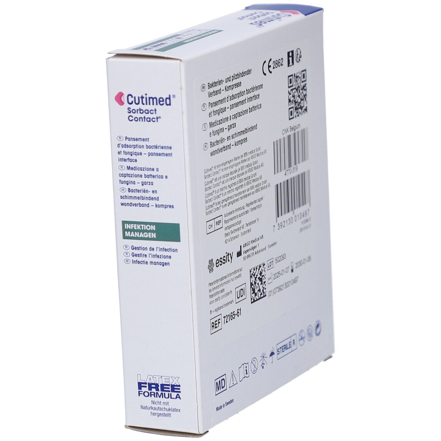 Schräg stehende Verpackung von Cutimed Sorbact Contact. Rückseite mit Text und CE-Kennzeichnung. Text: Infektion managen.