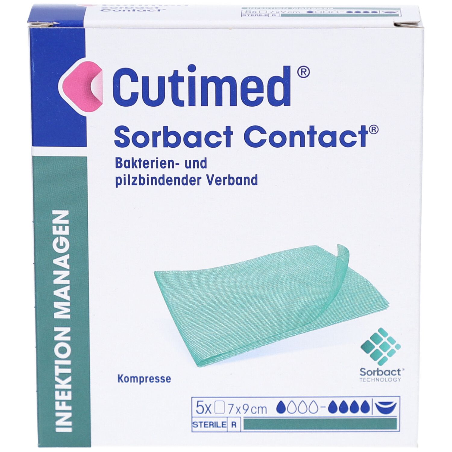 Verpackung von Cutimed Sorbact Contact Kompresse. Grüne Kompresse neben der Verpackung. Aufdruck: 5x7x9cm.