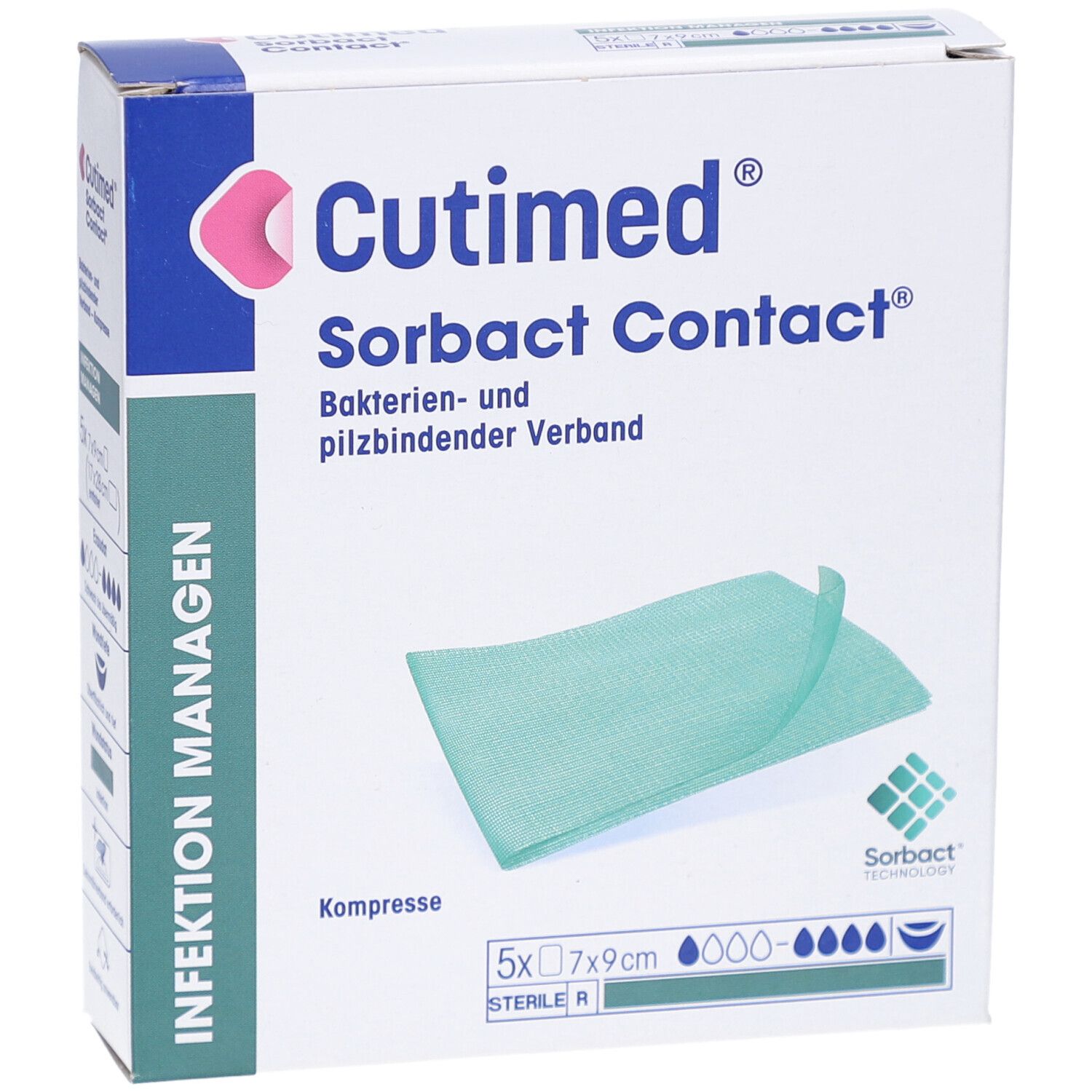 Verpackung von Cutimed Sorbact Contact Kompresse. Grüne Kompresse neben der Verpackung. Aufdruck: 5x7x9cm.