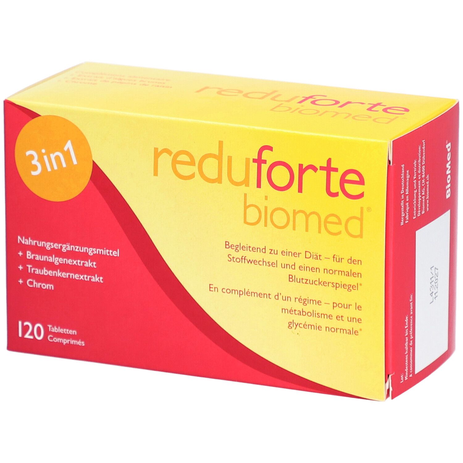 Rote und gelbe Schachtel mit "reduforte biomed"-Logo und 120 Tabletten. Enthält 3in1-Formel.