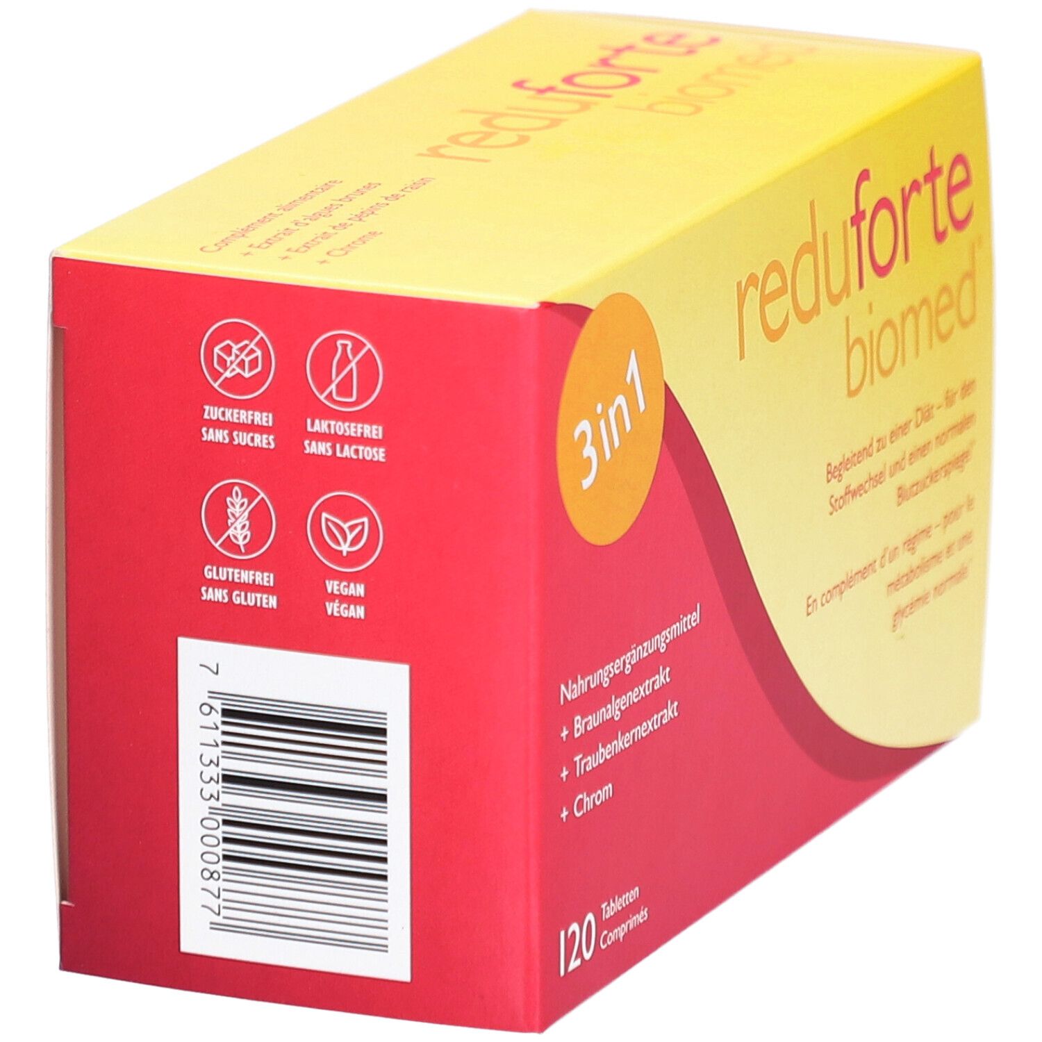Rote und gelbe Schachtel "reduforte biomed". Rückseite mit Symbolen für zuckerfrei, laktosefrei, glutenfrei, vegan.