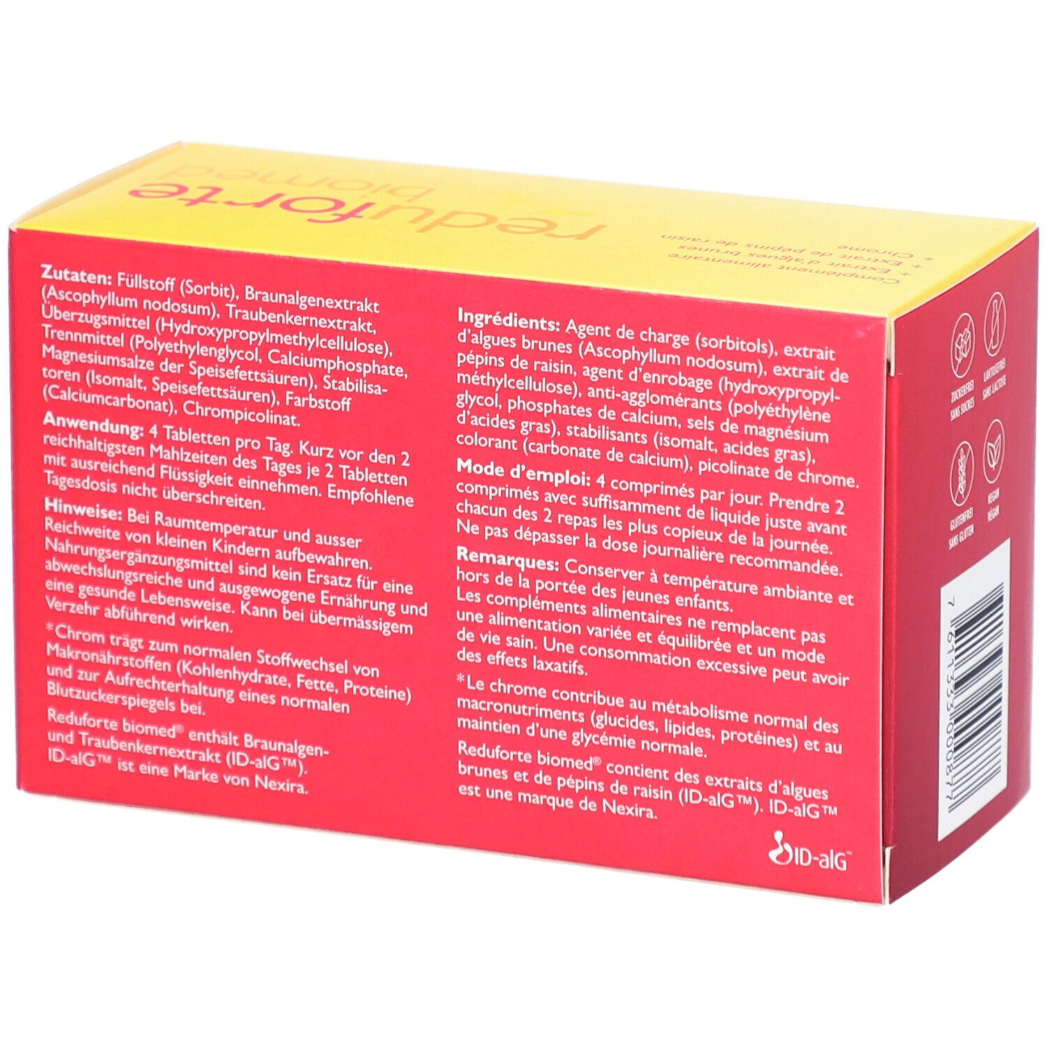 Rote und gelbe Schachtel "reduforte biomed". Rückseite mit Inhaltsstoffen und Anwendungshinweisen in Deutsch und Französisch.