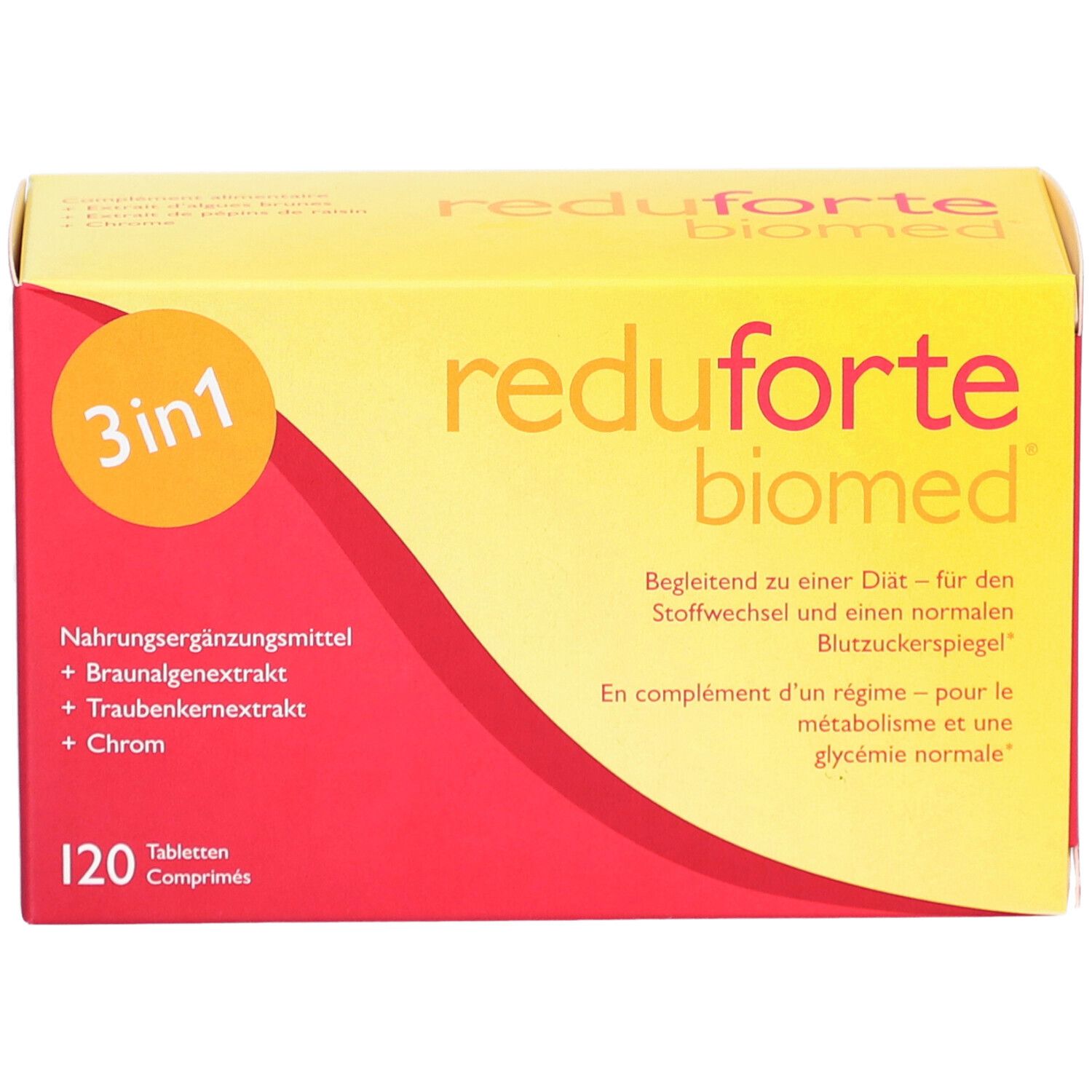 Rote und gelbe Schachtel "reduforte biomed" mit 3in1-Formel und 120 Tabletten. Text in Deutsch und Französisch.