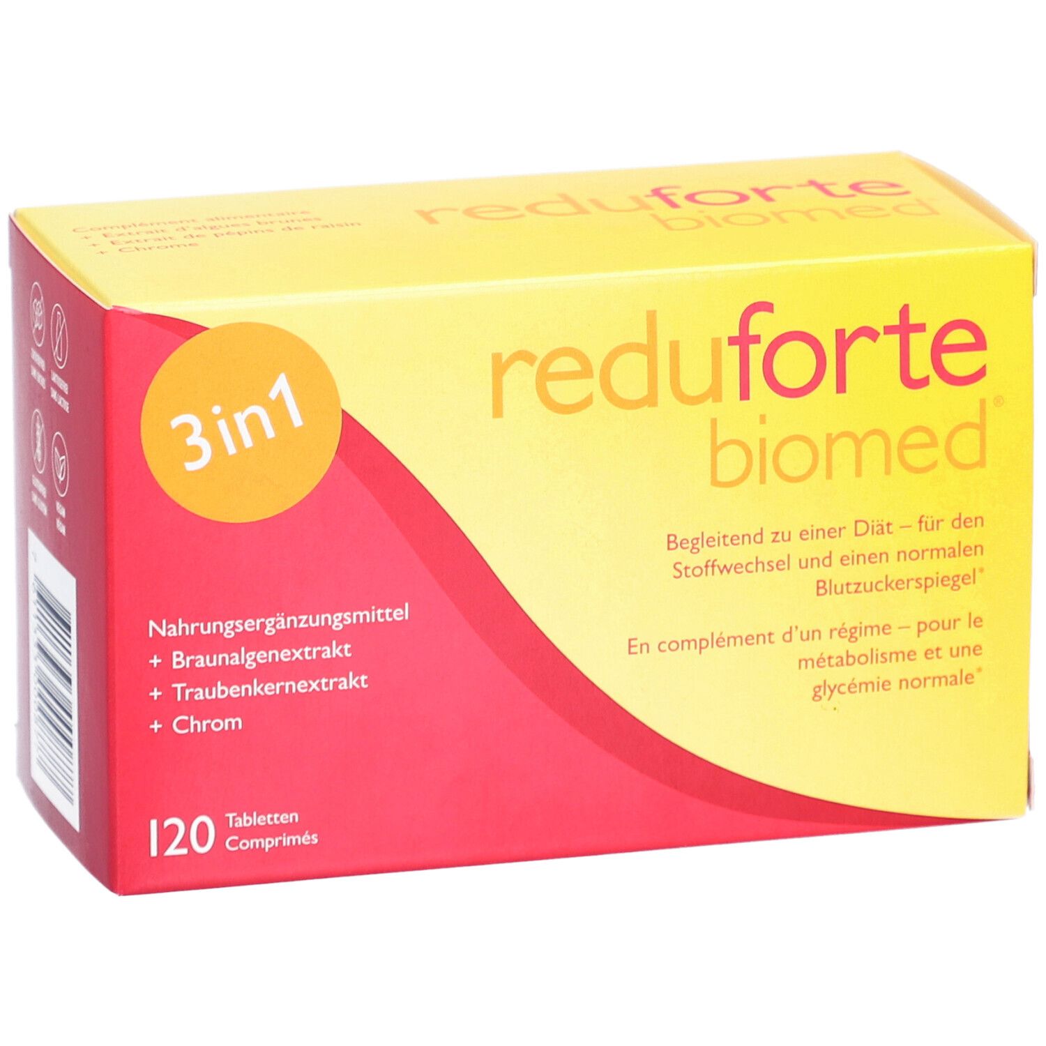 Rote und gelbe Schachtel "reduforte biomed" mit 3in1-Formel und 120 Tabletten. Text in Deutsch und Französisch.