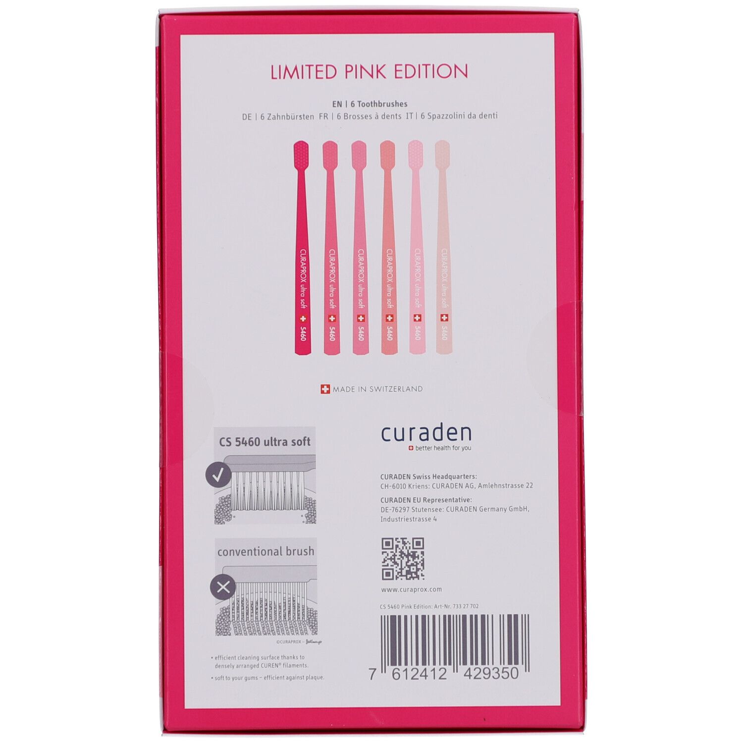 Verpackung mit sechs rosa Zahnbürsten in verschiedenen Rosatönen. "Limited Pink Edition" und "Made in Switzerland" sind sichtbar.