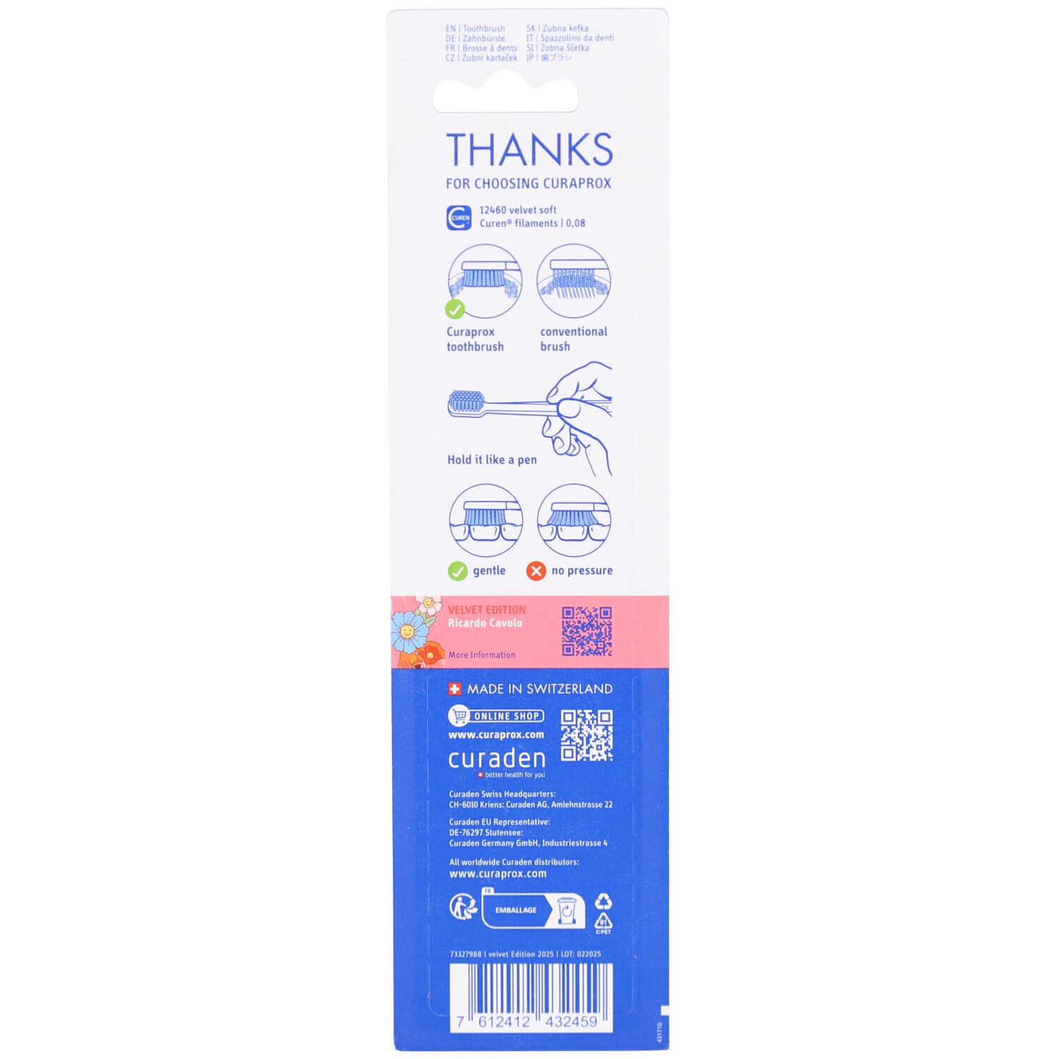 Rückseite der Blisterverpackung. Text: 'THANKS FOR CHOOSING CURAPROX'. Anweisungen und Logos.