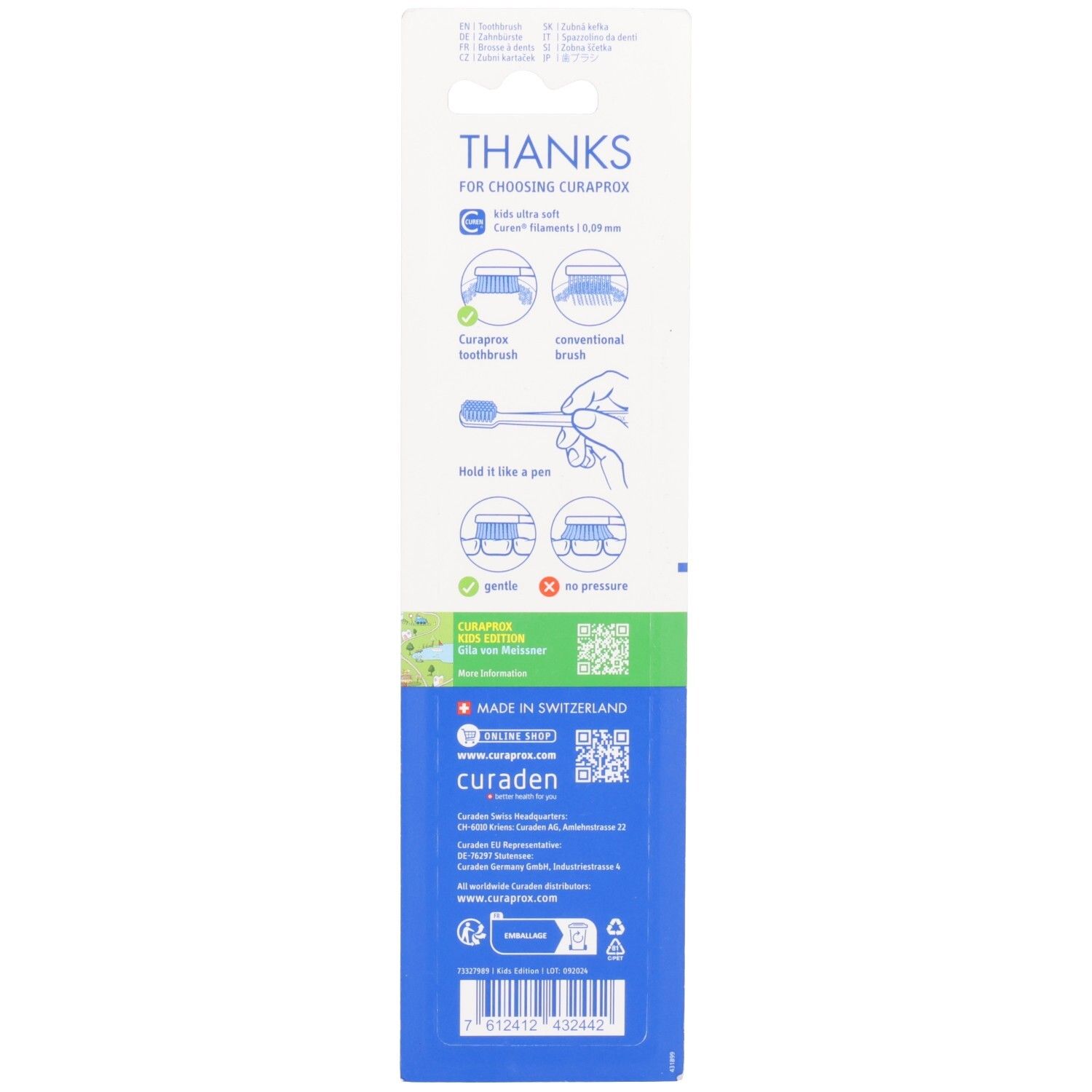 Rückseite der Blisterverpackung. Text: „THANKS FOR CHOOSING CURAPROX“. Illustrationen und QR-Code.