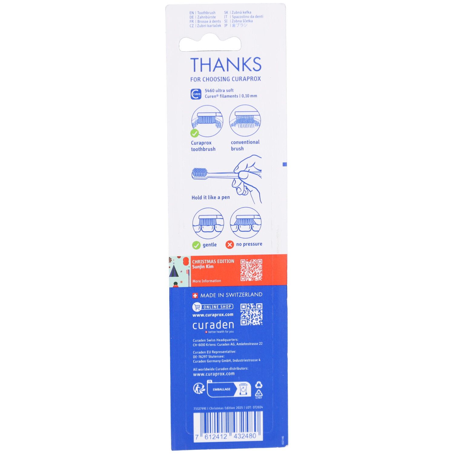 Verpackung einer Curaprox Zahnbürste mit Anleitungsbildern und Produktinformationen.