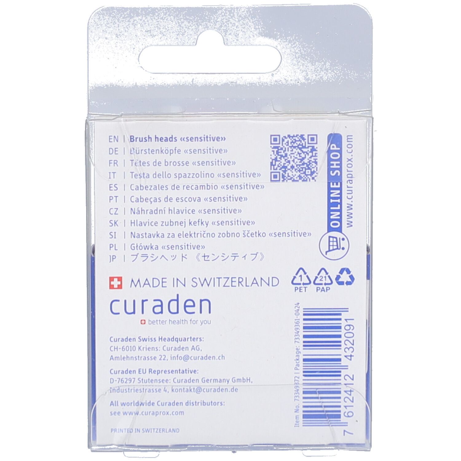 Verpackung für Curaden Bürstenköpfe, "sensitive". Hergestellt in der Schweiz.