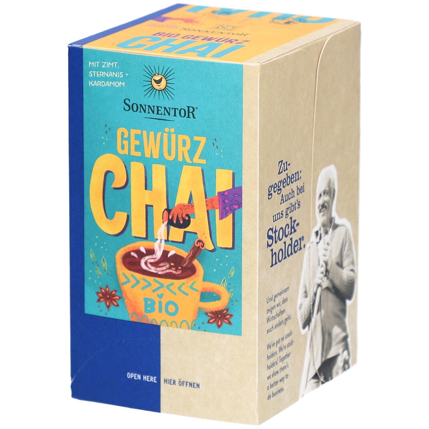 Karton SONNENTOR® Chai Gewürz Bio. Vorderseite mit Produktname, Tasse, Zutaten. Bio-Siegel. Eckige Verpackung.