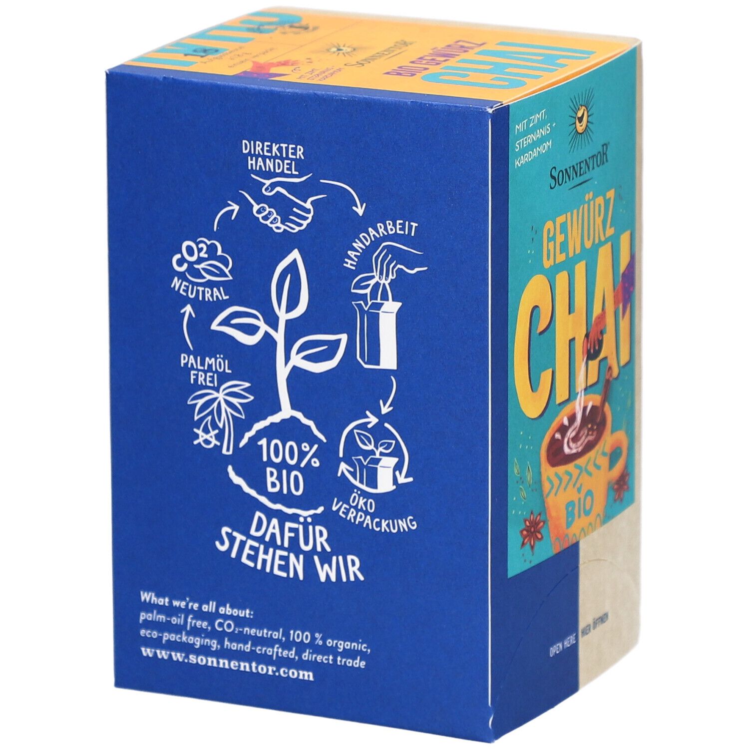Blaue Seite der SONNENTOR® Chai Gewürz Bio Verpackung. Logos für Direkt-Handel, Handarbeit, Bio, etc. Text: 100% Bio.