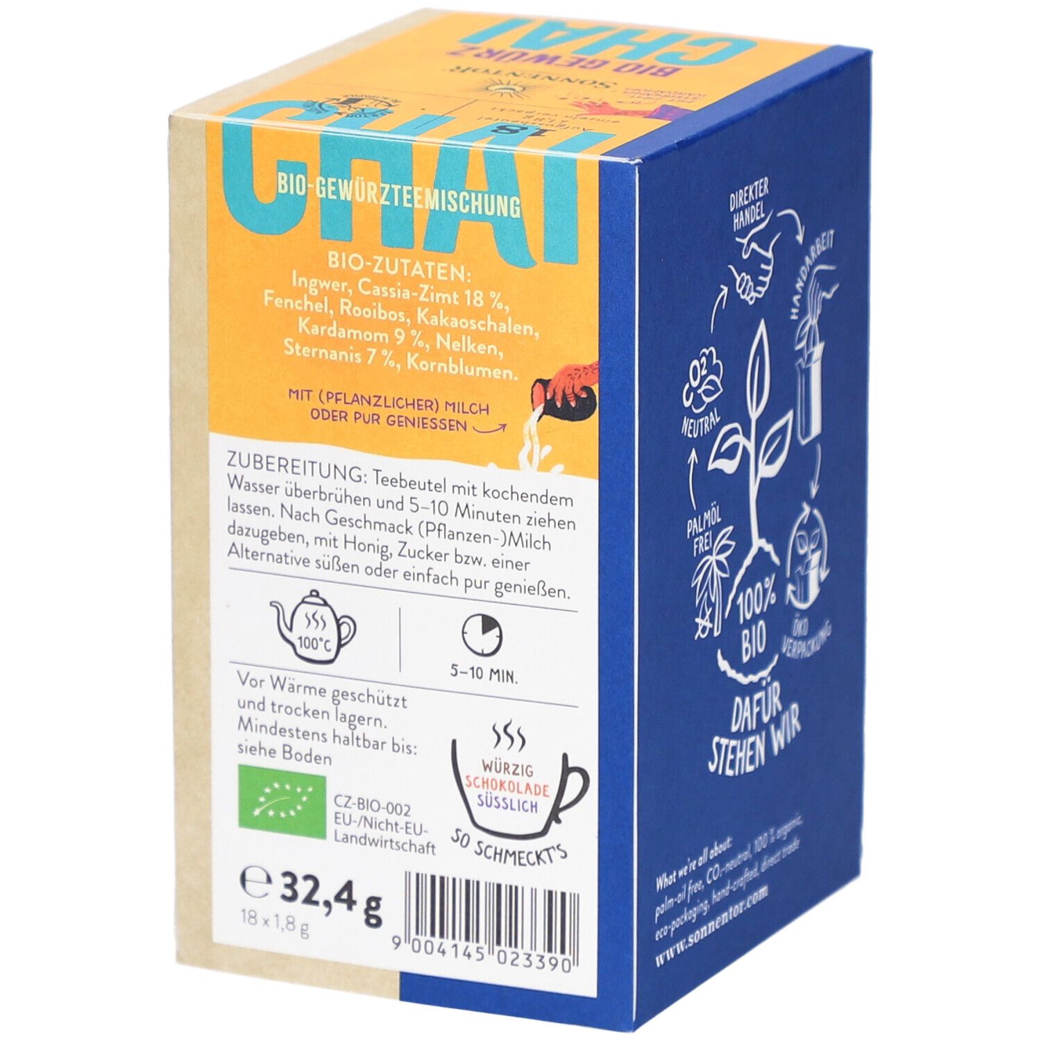 SONNENTOR® Chai Gewürz Bio Verpackung. Zutatenliste, Zubereitungshinweise, Bio-Siegel. Gewicht: 32,4g. Eckige Verpackung.
