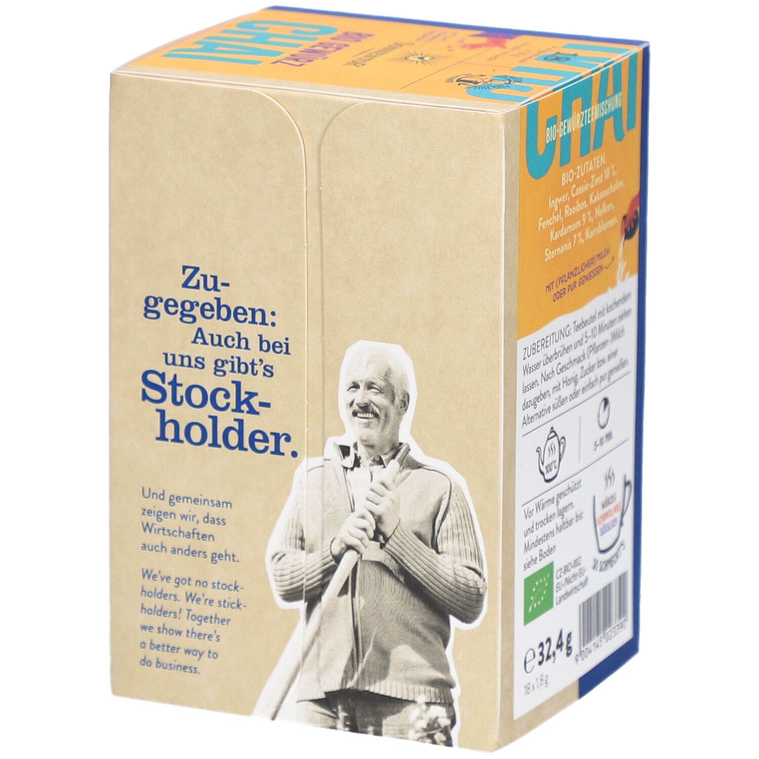 SONNENTOR® Chai Gewürz Bio Verpackung. Rückseite mit Text und Abbildung einer Person. Bio-Siegel. Eckige Verpackung.