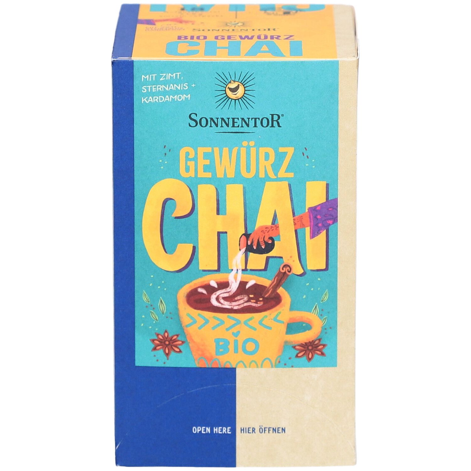 SONNENTOR® Chai Gewürz Bio Verpackung. Vorderseite mit Produktname, Tasse, Zutaten. Bio-Siegel. Eckige Verpackung.