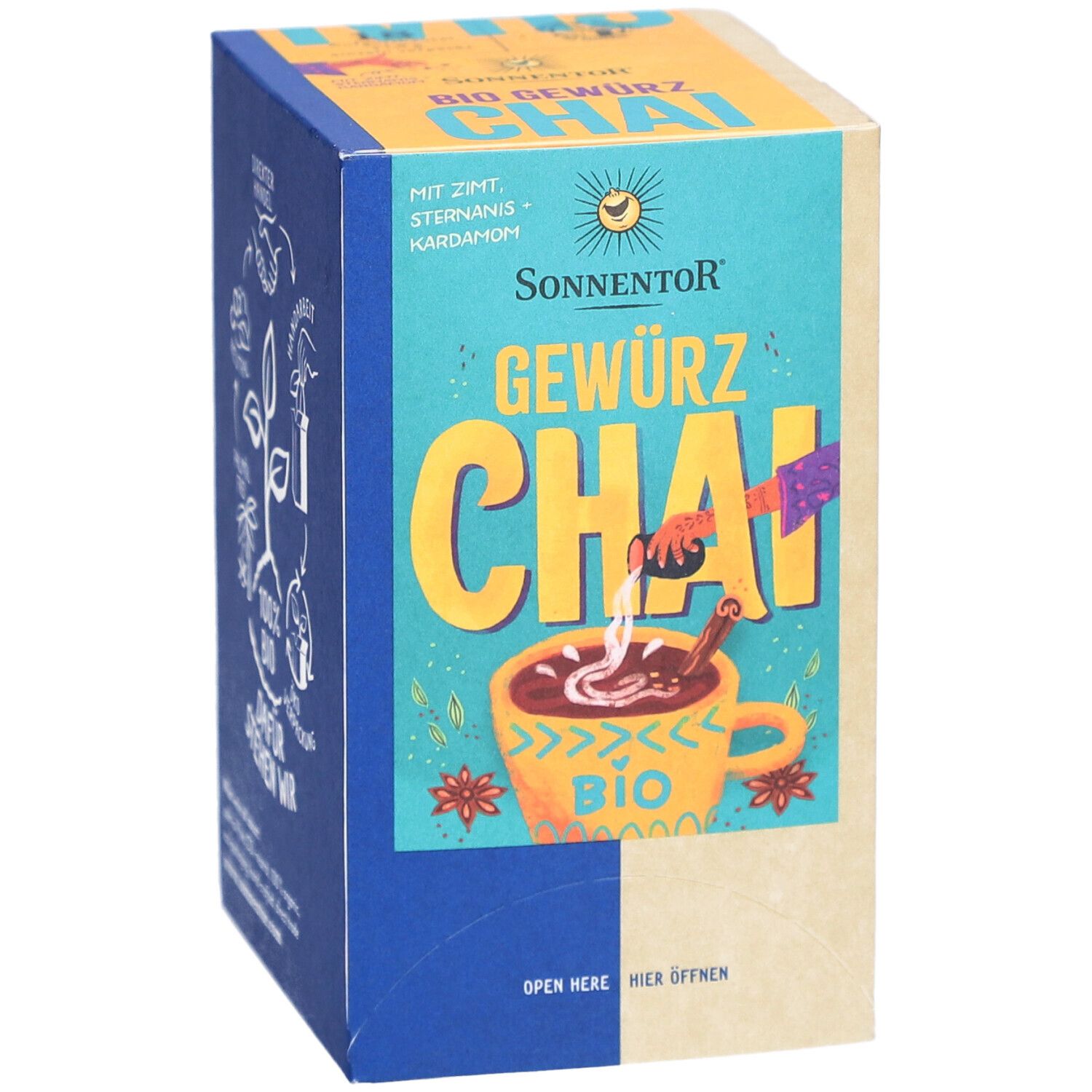 SONNENTOR® Chai Gewürz Bio Verpackung. Vorderseite mit Produktname, Tasse, Zutaten. Bio-Siegel. Eckige Verpackung.
