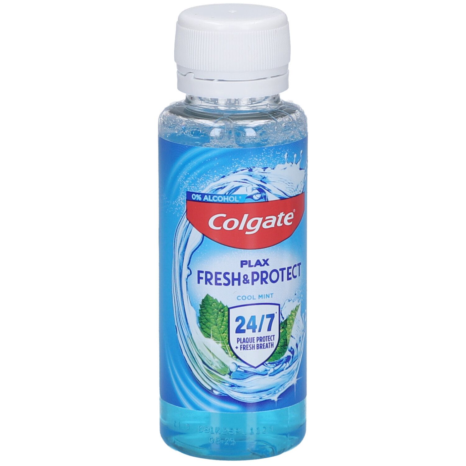 Mundspülung in transparenter Flasche mit weißem Deckel. Aufschrift: Colgate Plax Fresh & Protect Cool Mint. 24/7 Schutz.