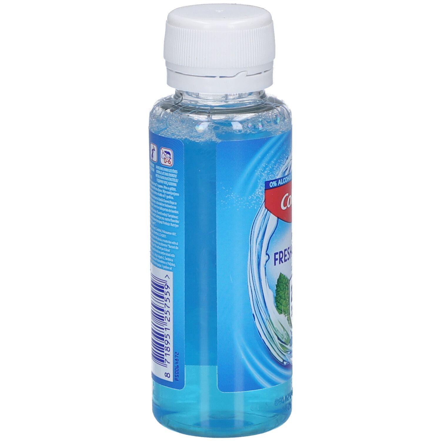 Rückseite der Mundspülungsflasche. Blaue Grafik mit Text und Barcode. Aufschrift: Colgate Plax Fresh & Protect.