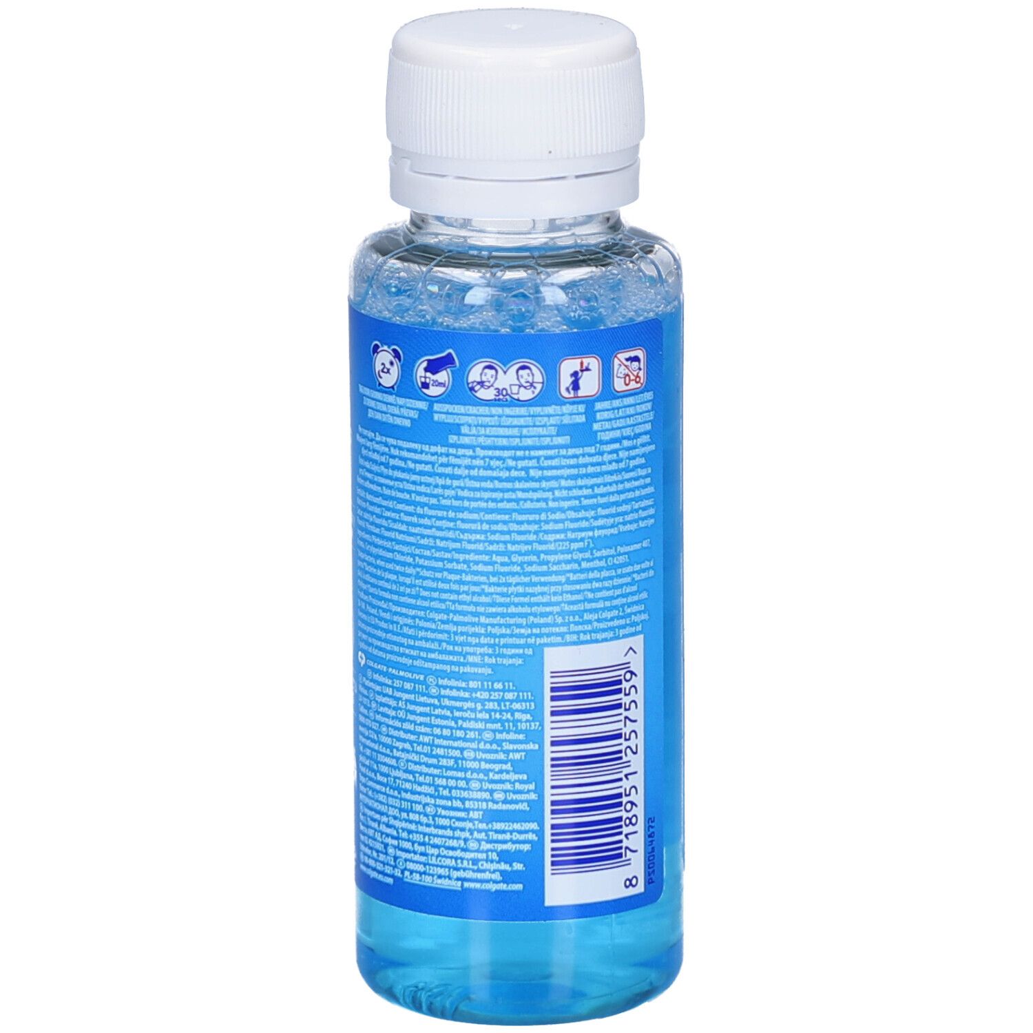 Rückseite der Mundspülungsflasche mit Text. Blaue Flüssigkeit in transparenter Flasche mit weißem Deckel.