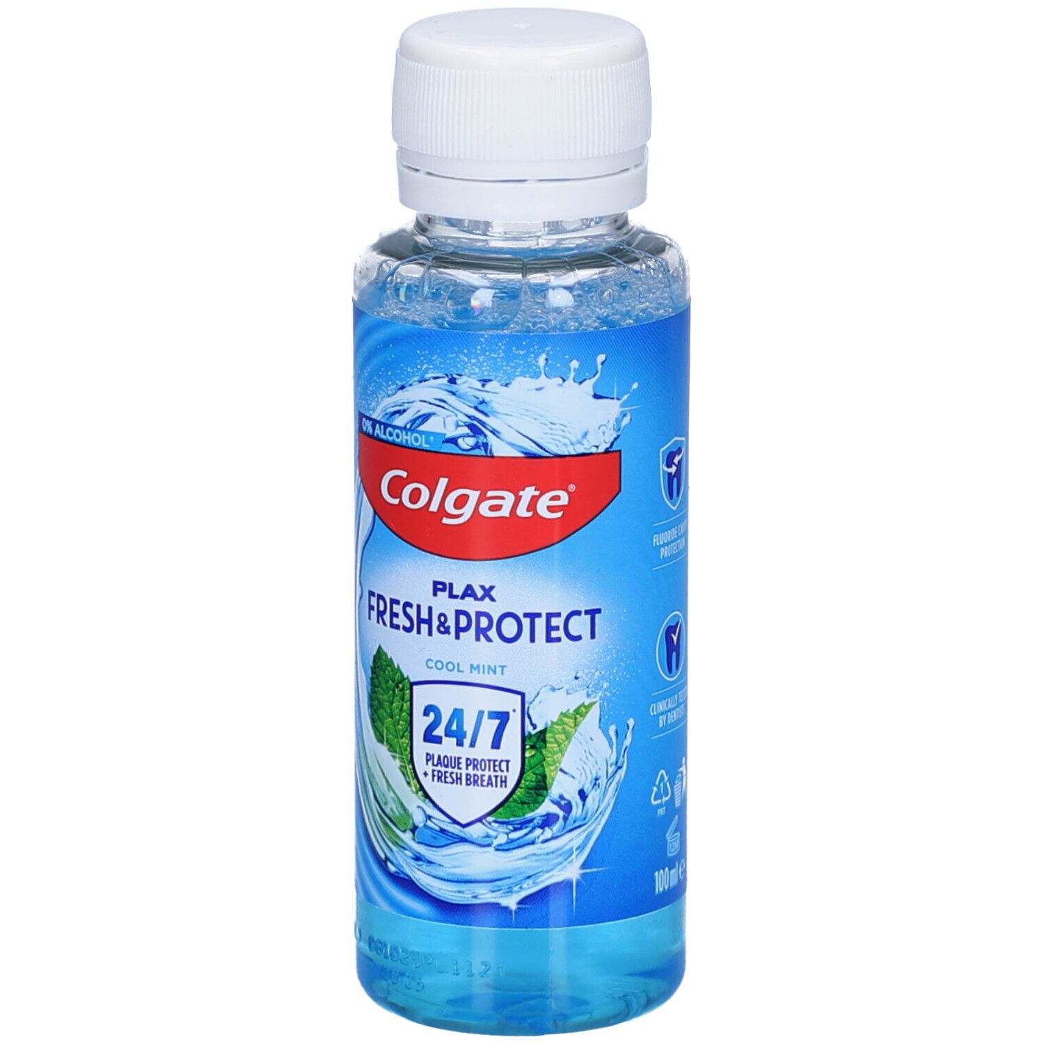 Mundspülung in transparenter Flasche mit weißem Deckel. Aufschrift: Colgate Plax Fresh & Protect Cool Mint. 24/7 Schutz.
