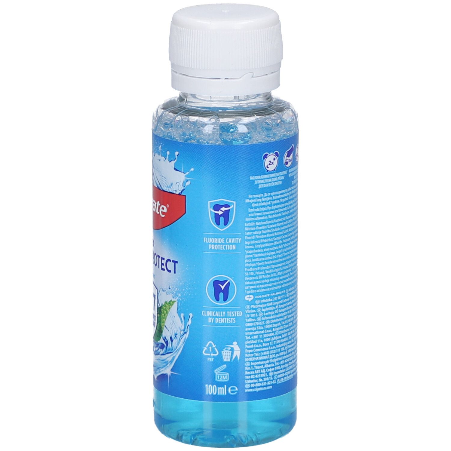 Mundspülungsflasche mit weißem Deckel. Aufschrift: Colgate Plax Fresh & Protect. 100ml. Symbole für Zahnschutz und Recycling.