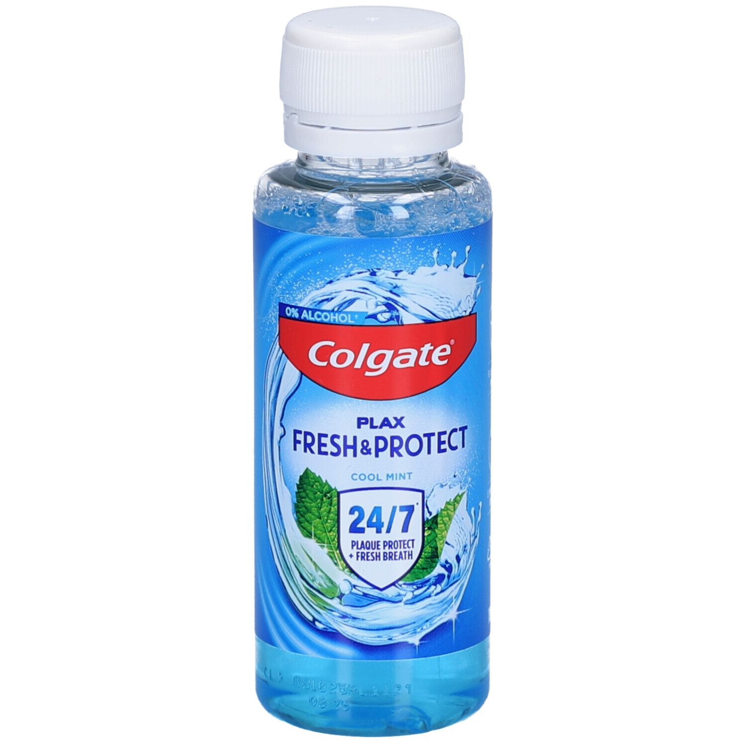 Mundspülung in einer transparenten Flasche mit weißem Deckel. Aufschrift: Colgate Plax Fresh & Protect Cool Mint. 24/7 Schutz.
