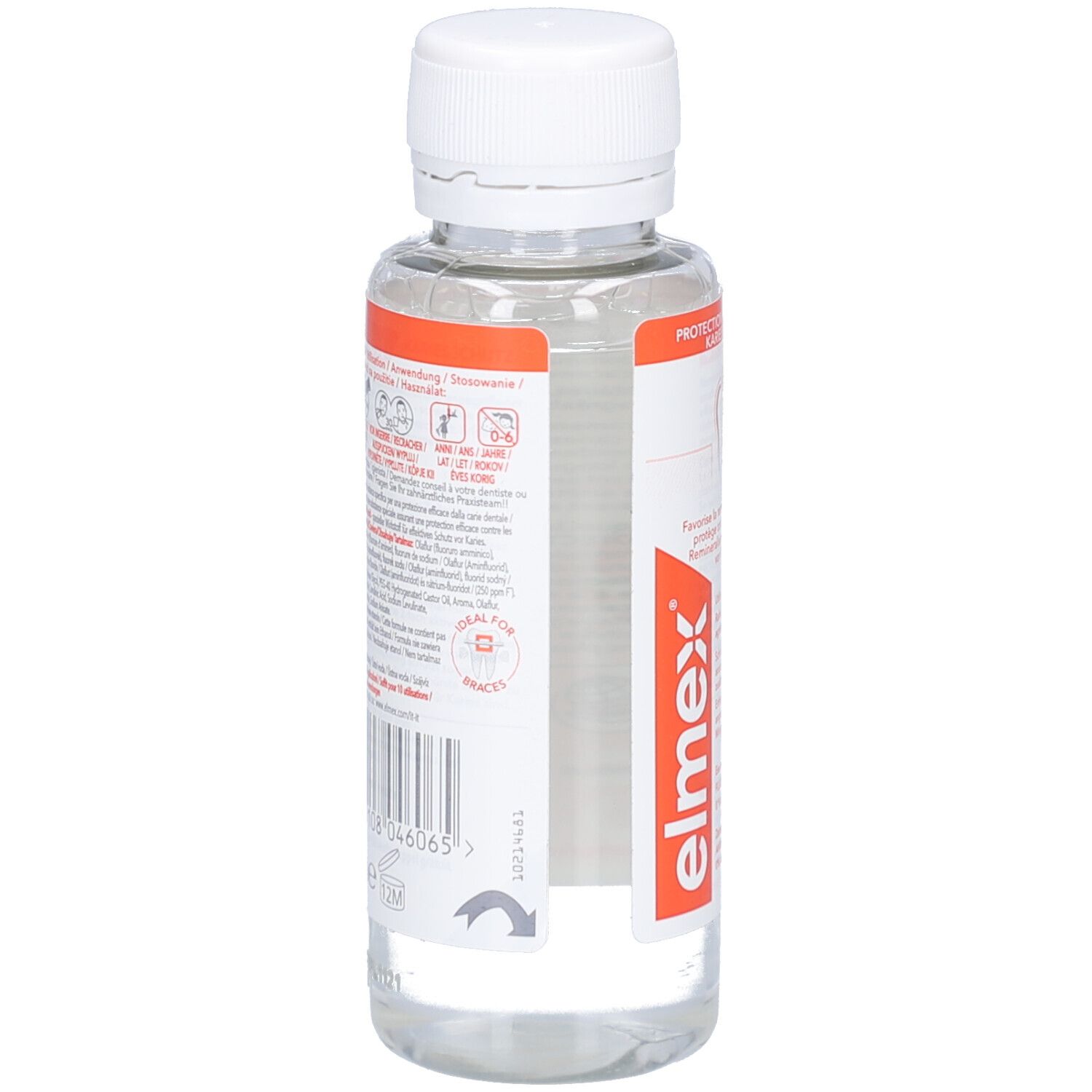 Rückansicht der Flasche. Etikett mit Text und Barcode. Pfeil-Symbol.