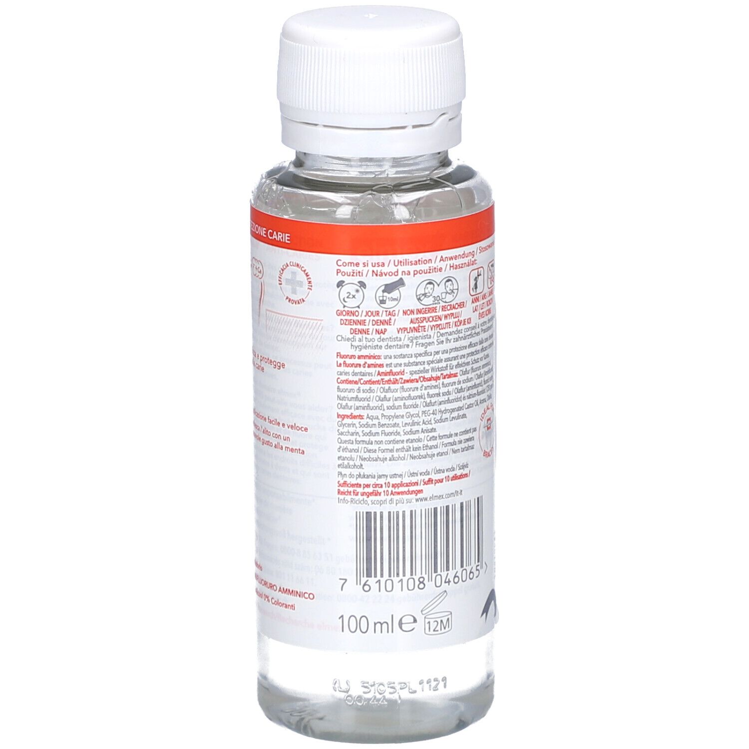 Rückansicht der Flasche. Etikett mit Text, Inhaltsangabe und Volumenangabe: 100 ml.