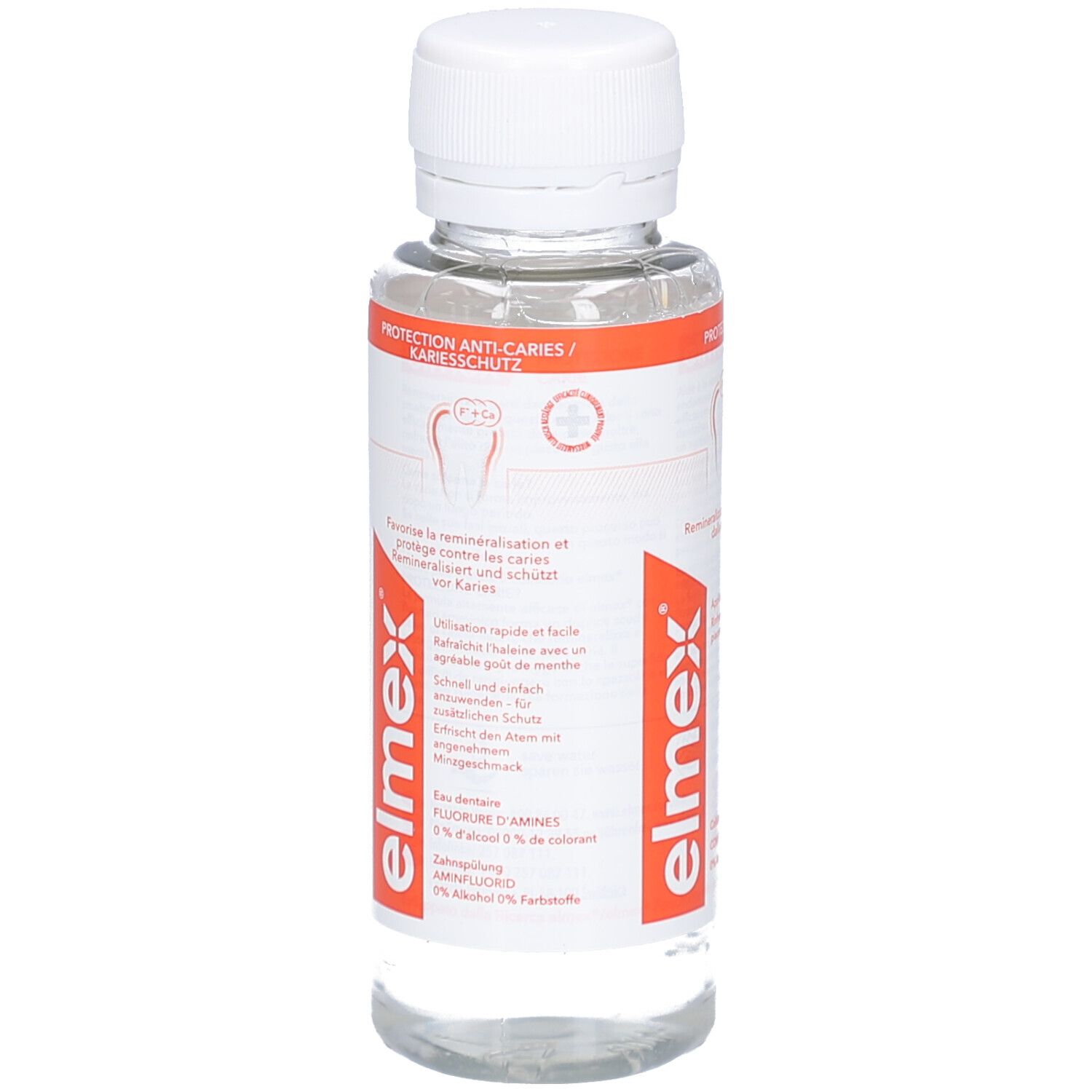 Klare Flüssigkeit in einer Flasche mit weißem Deckel. Rotes Etikett mit Produktnamen und Text. Zahn-Symbol.