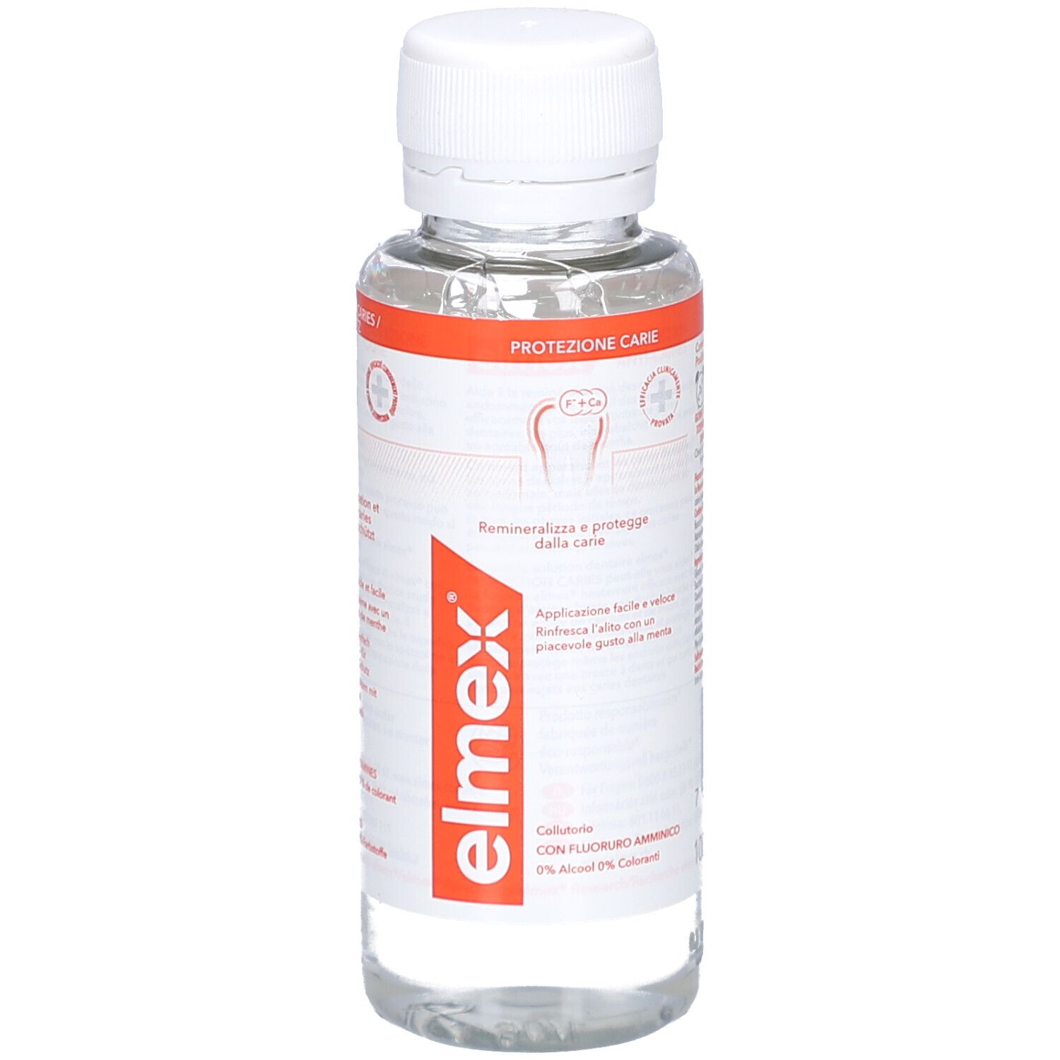 Klare Flüssigkeit in einer Flasche mit weißem Deckel. Rotes Etikett mit Produktnamen und Text. Zahn-Symbol.