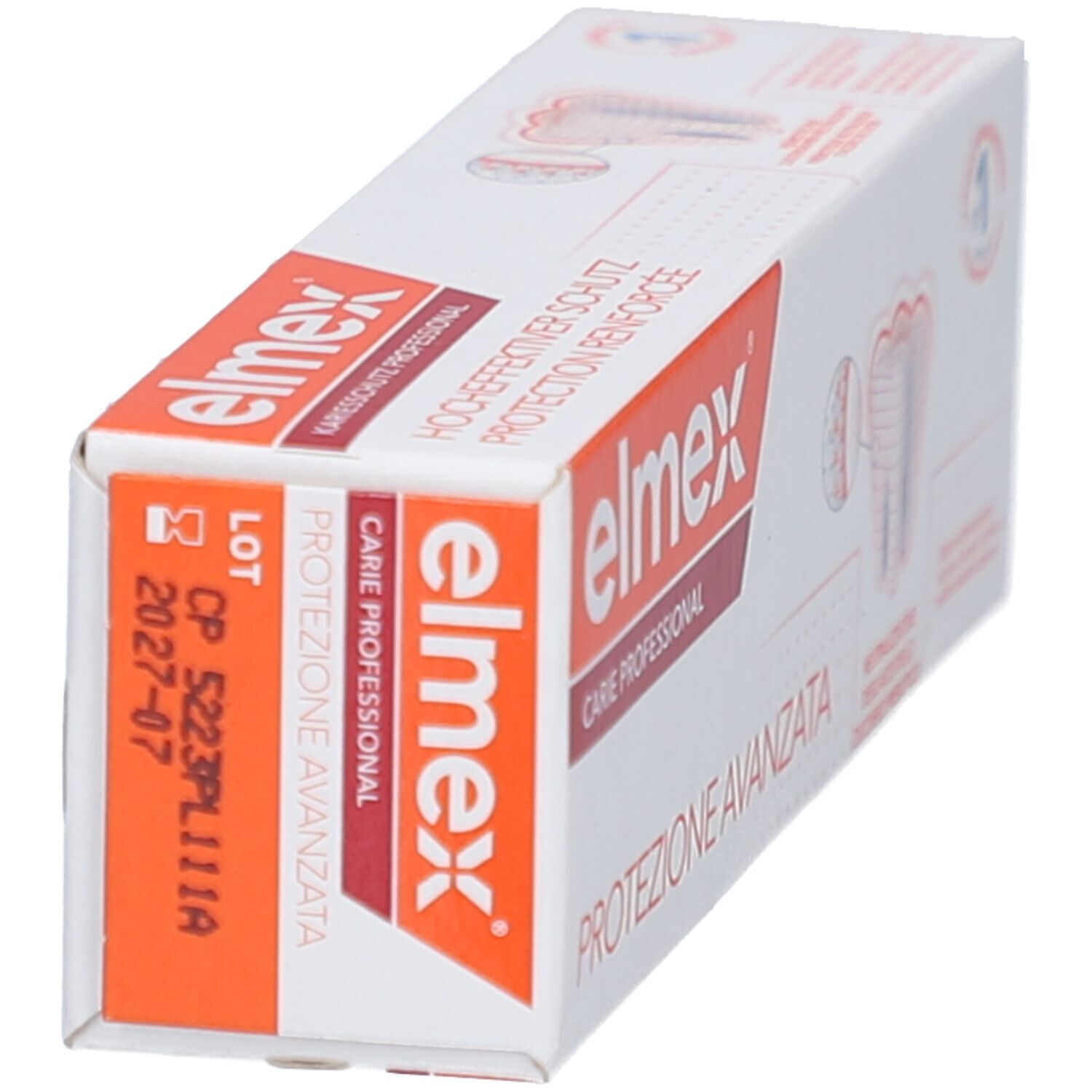 Verpackung mit Elmex-Logo und Produktnamen. Orangefarbener Bereich mit Chargennummer und Verfallsdatum.