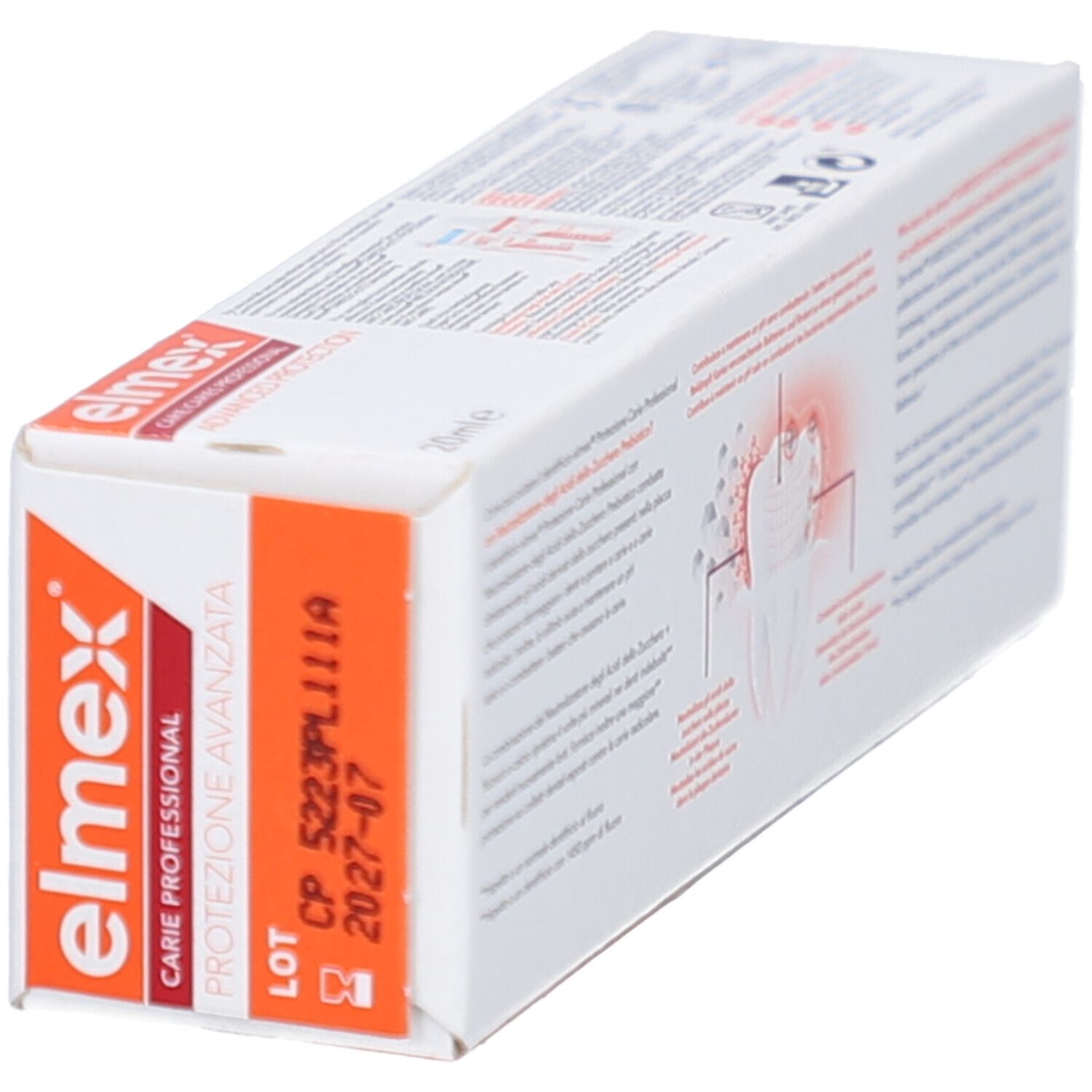 Verpackung mit Elmex-Logo und Produktnamen. Orangefarbener Bereich mit Chargennummer und Verfallsdatum.