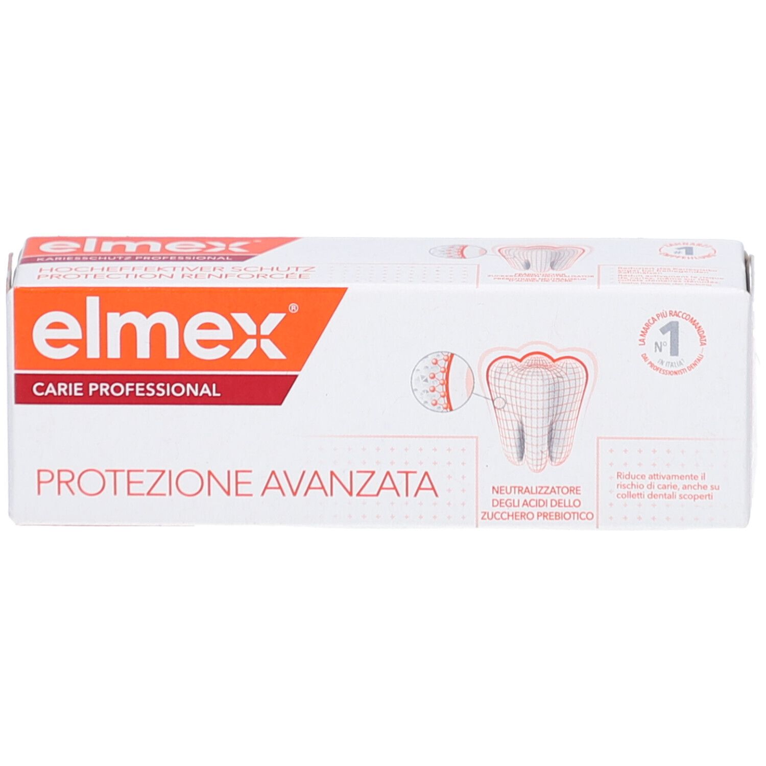 Weiße Verpackung mit roter und orangefarbener Schrift. Elmex-Logo und Produktname. Illustration eines Zahns.