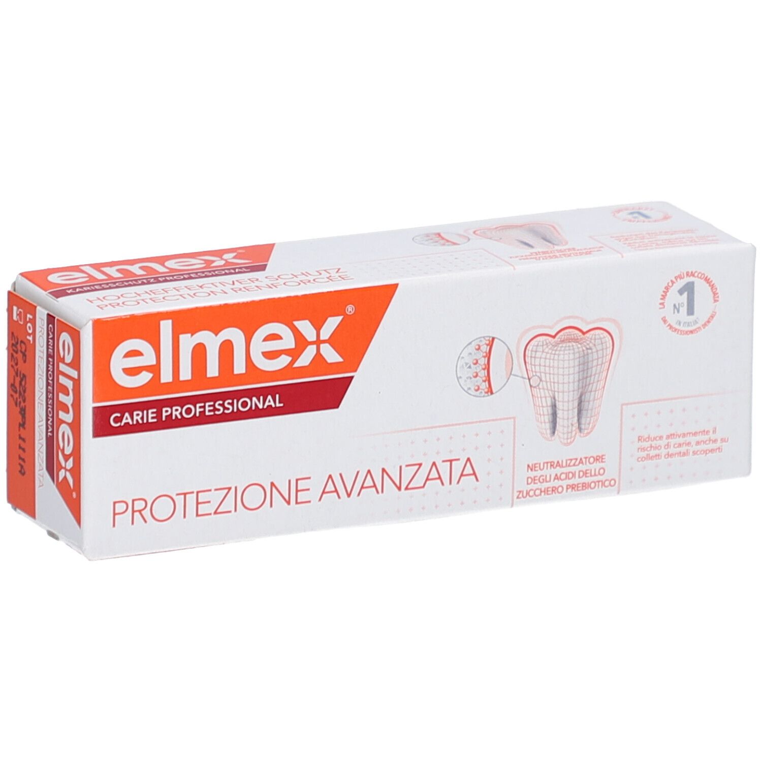 Weiße Verpackung mit roter und orangefarbener Schrift. Elmex-Logo und Produktname. Illustration eines Zahns.