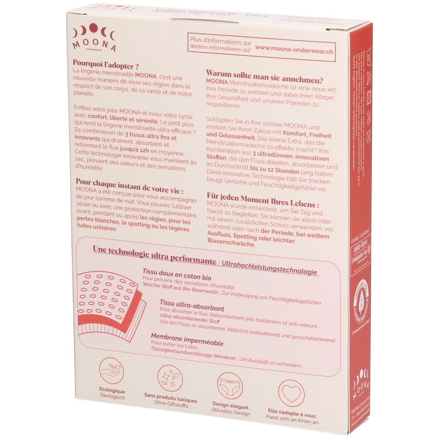 Detailansicht der Verpackung mit Informationen zur Stofftechnologie und Umweltfreundlichkeit.