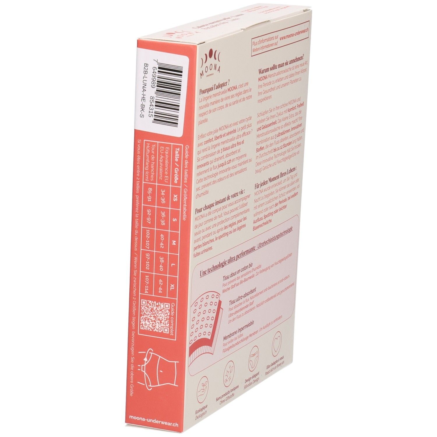 Seitenansicht der Verpackung mit Größentabelle und Barcode.