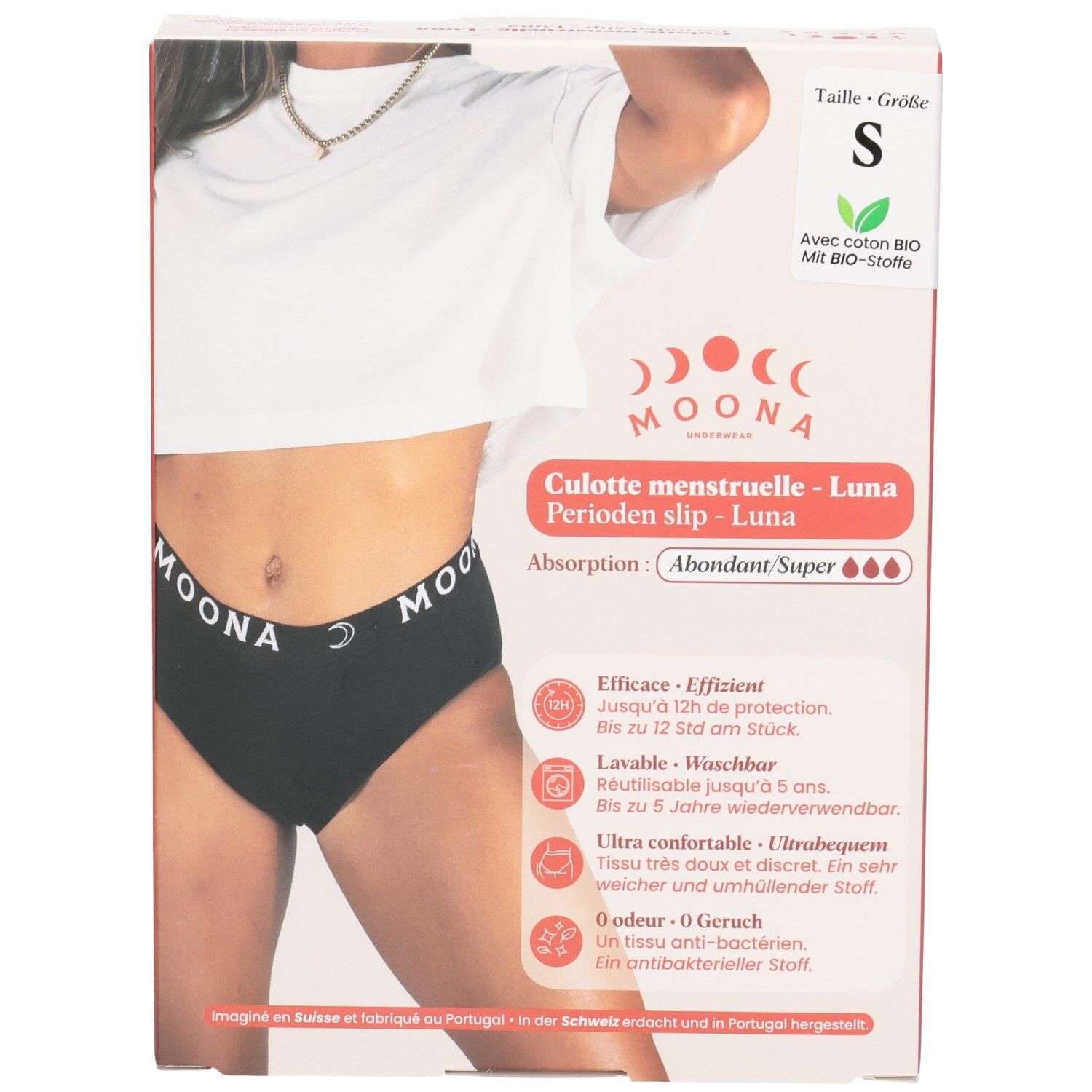 Vorderseite der Verpackung einer schwarzen Menstruationsunterhose, Größe S, mit starker Saugfähigkeit.