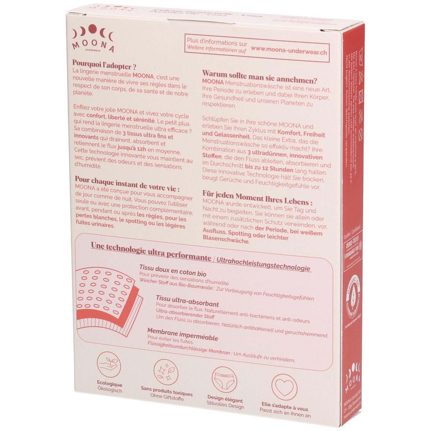 Rückseite der Verpackung mit Informationen zum MOONA Menstruationsslip Luna. Text in Deutsch und Französisch. Illustrationen.