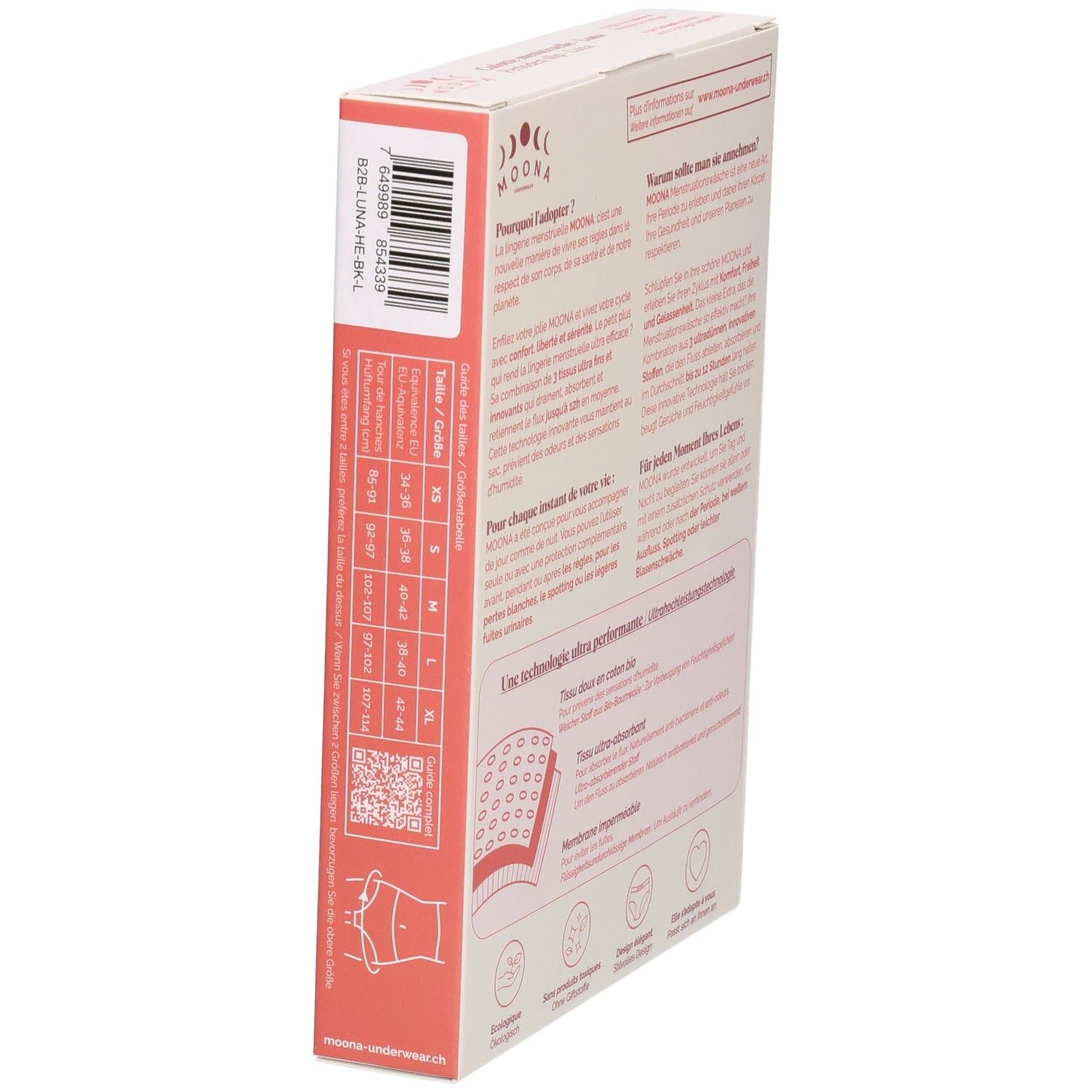 Seitenansicht der Verpackung mit Informationen zum MOONA Menstruationsslip Luna. Größenangaben. QR-Code.