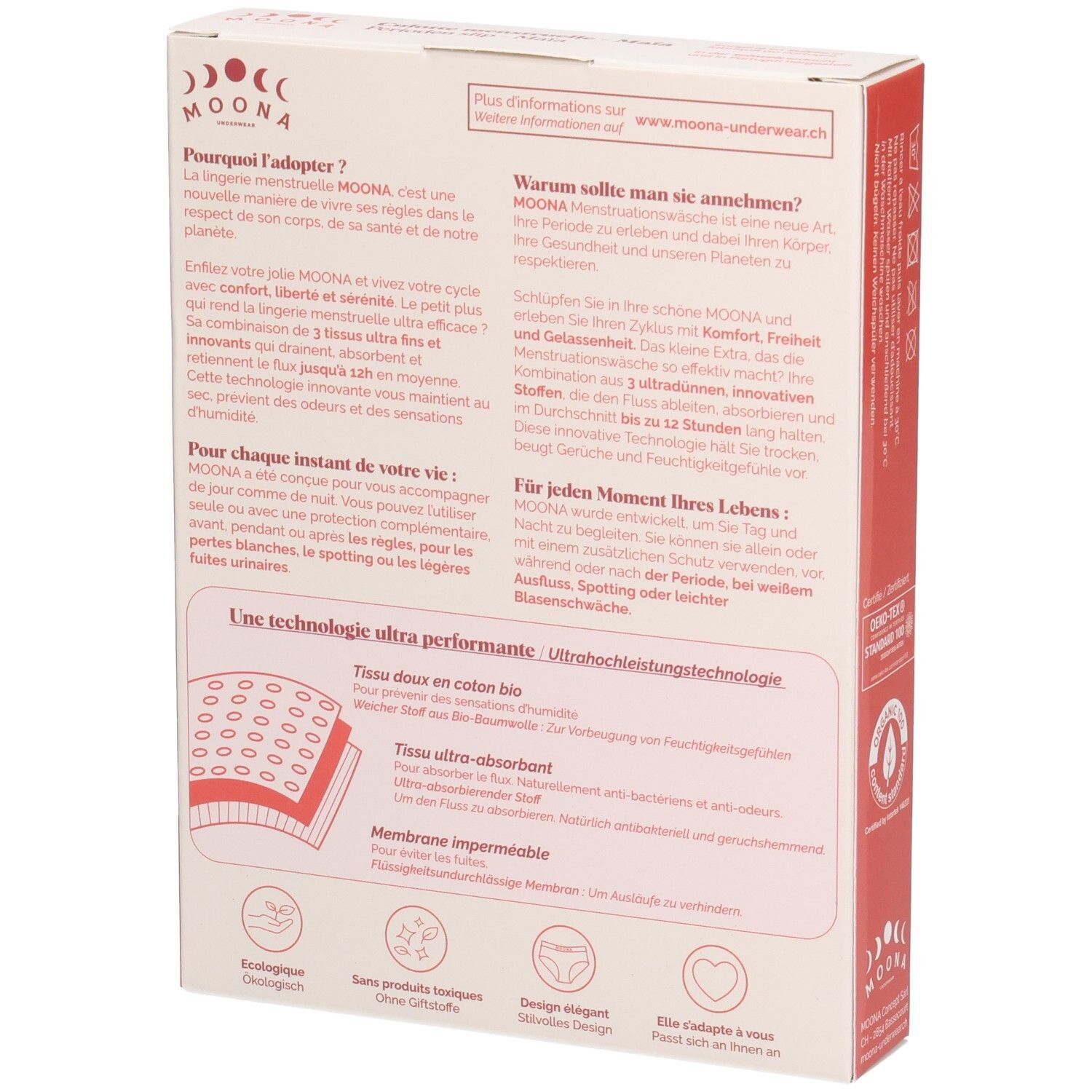Rückseite der Verpackung MOONA Menstruationsslip Maïa. Text: Produktinformationen, Vorteile, Technologie. Abbildung: Stoffschichten.