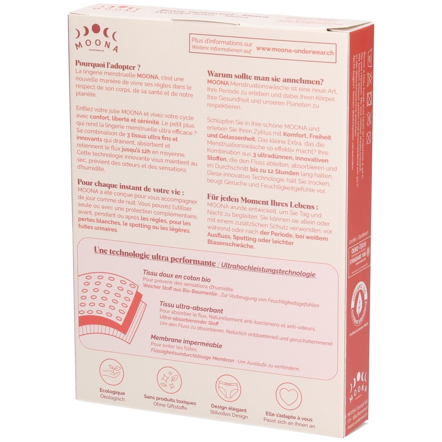 Rückseite der Verpackung des Boxer Sintra. Textinformationen und Logo. Ökologisch, ohne Giftstoffe, Design-schick.