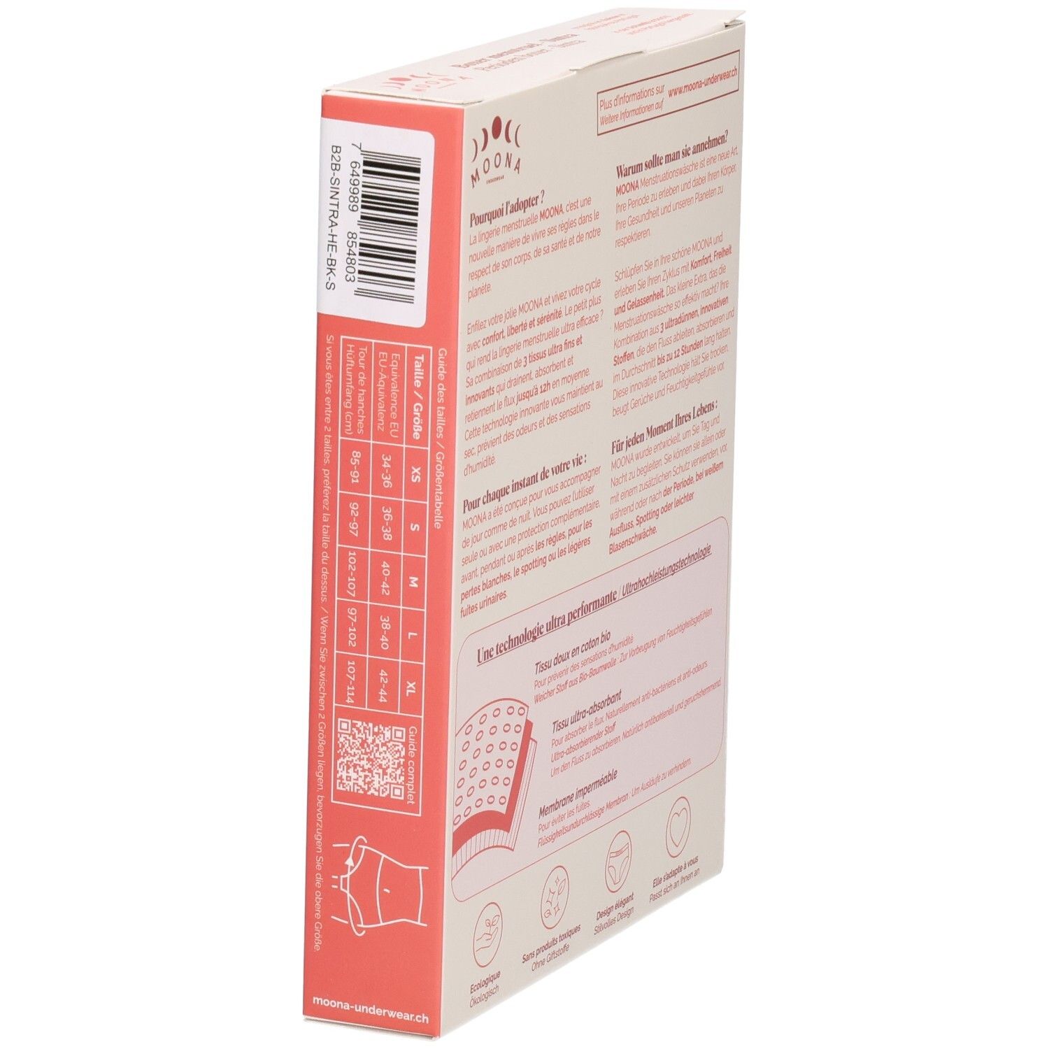 Seite der Verpackung des Boxer Sintra. Größenangaben und QR-Code. Informationen zum Produkt.