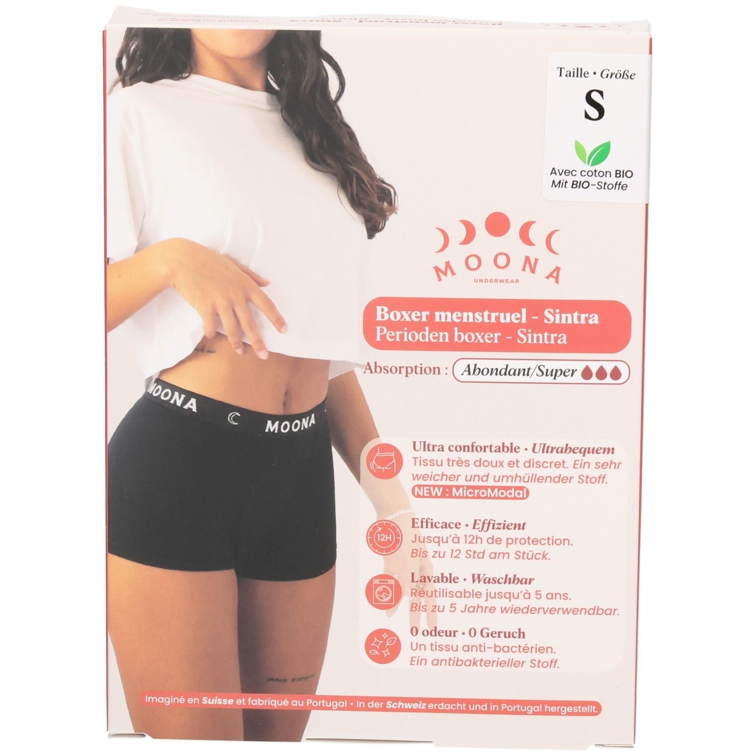 Boxer Sintra, schwarz, mit Logo. Verpackung mit Produktabbildung und Text. Größe S. Mit Bio-Baumwolle.