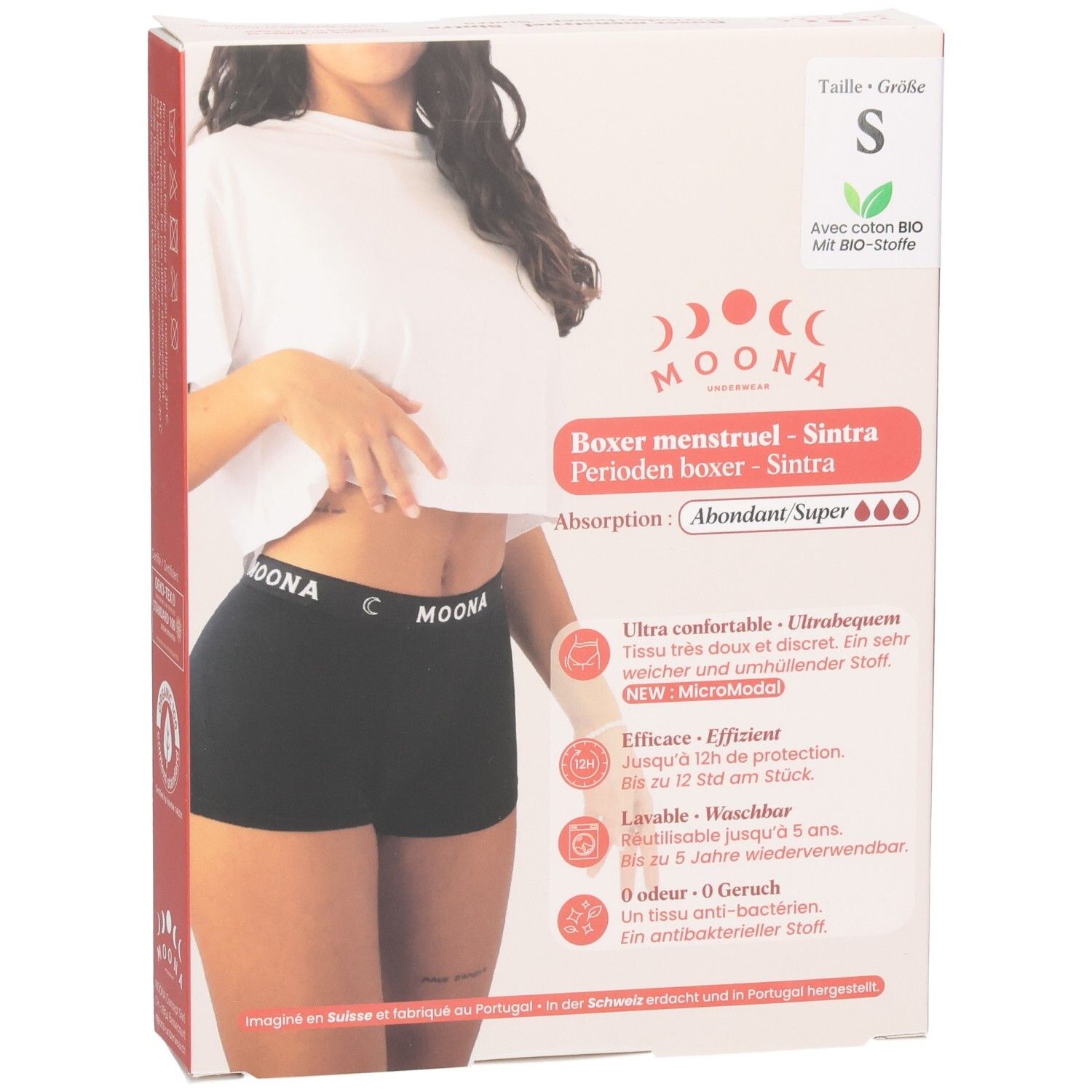 Boxer Sintra, schwarz, mit Logo. Verpackung mit Produktabbildung und Text. Größe S. Mit Bio-Baumwolle.