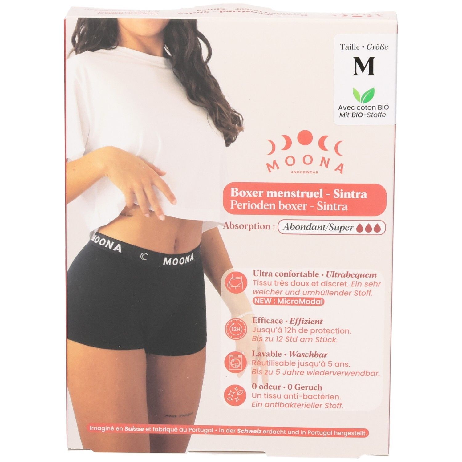 Boxer Sintra, Größe M, in Verpackung. Schwarzer Stoff, MOONA-Logo. Mit Bio-Baumwolle. Für starken Fluss.
