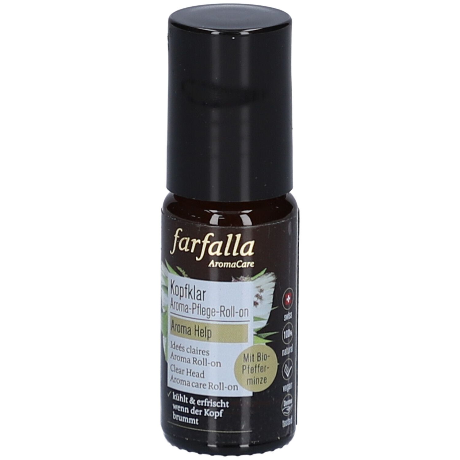 Braune Glasflasche mit schwarzem Deckel. Aufschrift: farfalla AromaCare, Kopfklar Aroma-Pflege-Roll-on, Aroma Help. Mit Bio-Pfefferminze.
